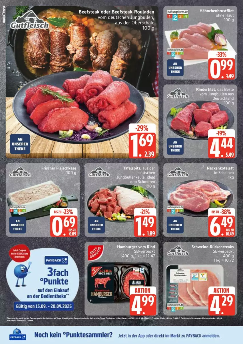 Aktueller Prospekt Edeka - Prospekte - von 15.09 bis 20.09.2025 - strona 8 - produkty: beef, eis, fisch, fleisch, fleischkäse, hähnchenbrust, jungbullen, Käse, payback, reis, rouladen, Schal, Schale, schwein, steak, tesa, Ti, wein, ZTE