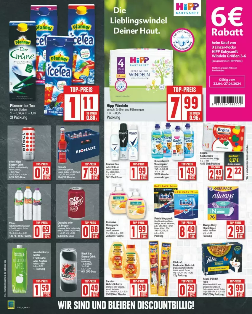 Aktueller Prospekt Edeka - Prospekte - von 20.04 bis 27.04.2024 - strona 14 - produkty: discount, eis, flasche, garnier, gsw, hipp, Kette, Kuschelweich, Oppo, Popp, reis, Ti, top-preis, Wahre Schätze, weichspüler, windeln