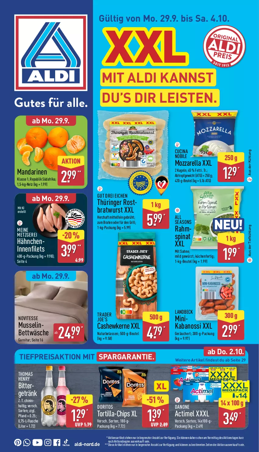 Aktueller Prospekt Aldi Nord - Von Montag - von 29.09 bis 04.10.2025 - strona 1 - produkty: actimel, aldi, aus der tiefkühlung, bett, bettwäsche, beutel, braten, bratwurst, Cashew, chips, cin, danone, Doritos, eis, filet, filets, flasche, garnitur, getränk, gewürz, gin, grill, kabanos, küche, Küchen, Kugel, mandarine, mandarinen, mozzarella, natur, reis, rel, ring, rostbratwurst, sahne, spinat, thomas henry, thüringer rostbratwurst, Ti, tiefpreis, tortilla, wurst, ZTE
