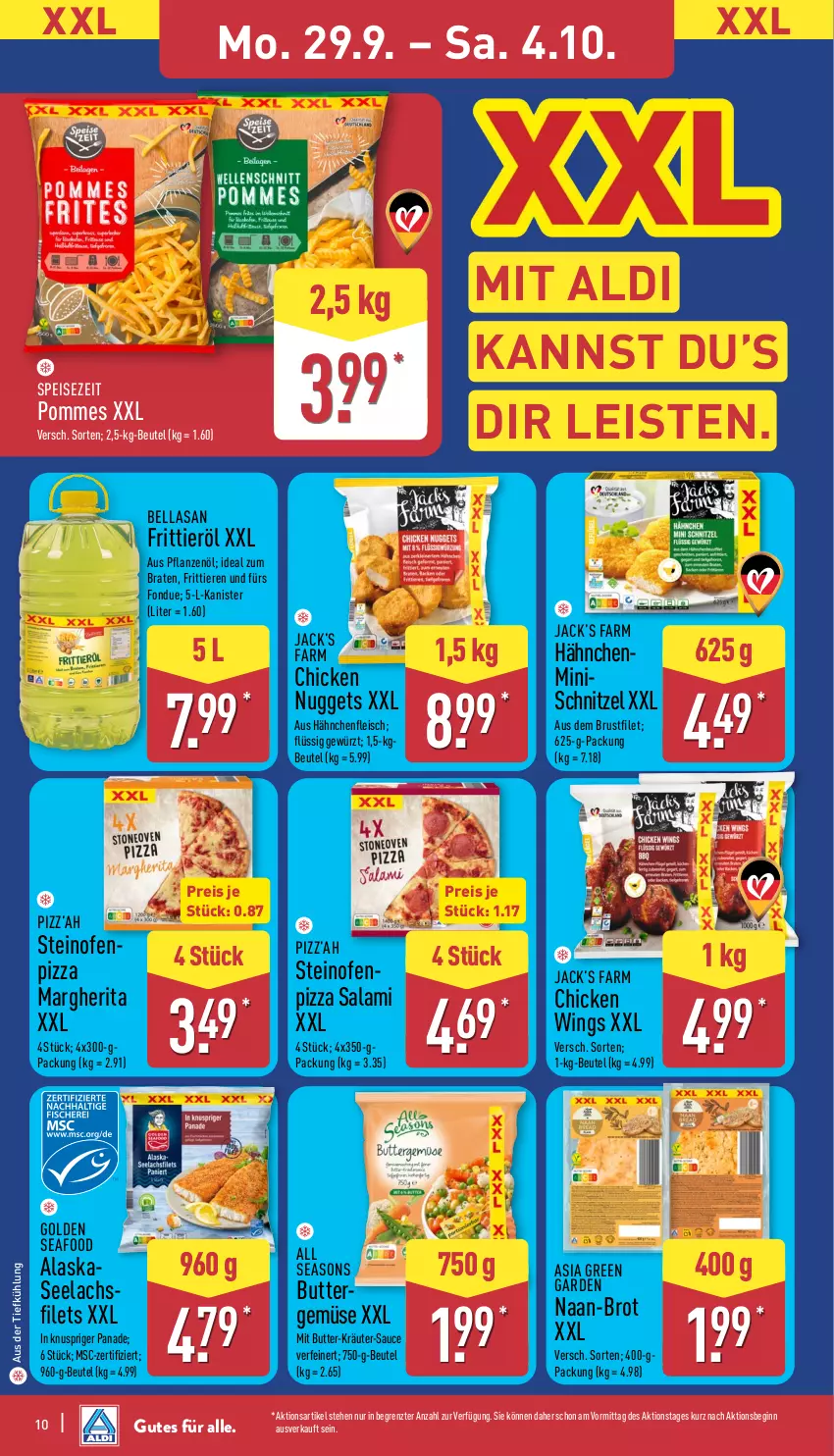 Aktueller Prospekt Aldi Nord - Von Montag - von 29.09 bis 04.10.2025 - strona 10 - produkty: aldi, Asia Green Garden, aus der tiefkühlung, beutel, braten, brot, brustfilet, butter, chicken nuggets, chicken wings, eis, filet, filets, fleisch, Fondue, Frittieröl, gewürz, gin, Hähnchenfleisch, ideal zum braten, kräuter, lachs, margherita, nuggets, Ofen, pflanze, pflanzen, Pflanzenöl, pizza, pommes, reis, salami, sauce, schnitzel, steinofen, Ti, Tiere, ZTE