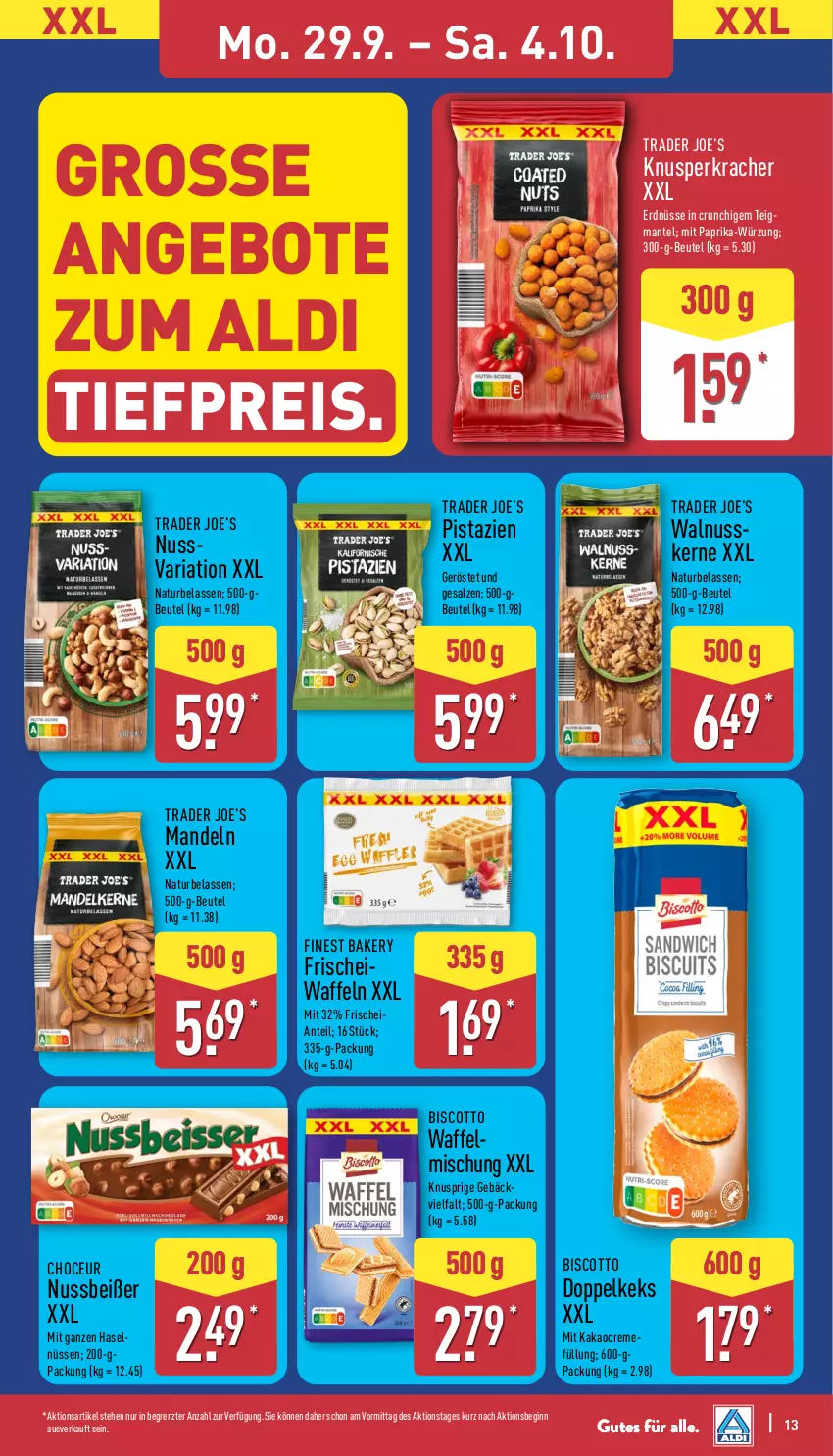 Aktueller Prospekt Aldi Nord - Von Montag - von 29.09 bis 04.10.2025 - strona 13 - produkty: aldi, angebot, angebote, beutel, biscotto, creme, eis, erdnüsse, gin, kakao, keks, kracher, mandel, mandeln, Mantel, mit paprika, natur, nuss, paprika, pistazien, reis, Ria, salz, Ti, tiefpreis, waffeln, walnuss, ZTE
