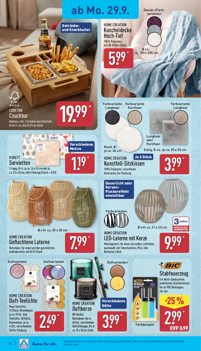 Aktueller Prospekt Aldi Nord - Von Montag - von 29.09 bis 04.10.2025 - strona 14 - produkty: auer, bambus, batterie, batterien, Couch, Crofton, decke, Deckel, Duftkerze, eis, Feuerzeug, getränk, getränke, gin, kerze, kissen, kuscheldecke, lack, Lacke, laterne, LG, natur, Ria, Schal, Schale, Serviette, servietten, sitzkissen, snack, Tasche, taschen, tee, Teelicht, teelichte, Ti, timer, tisch, ZTE