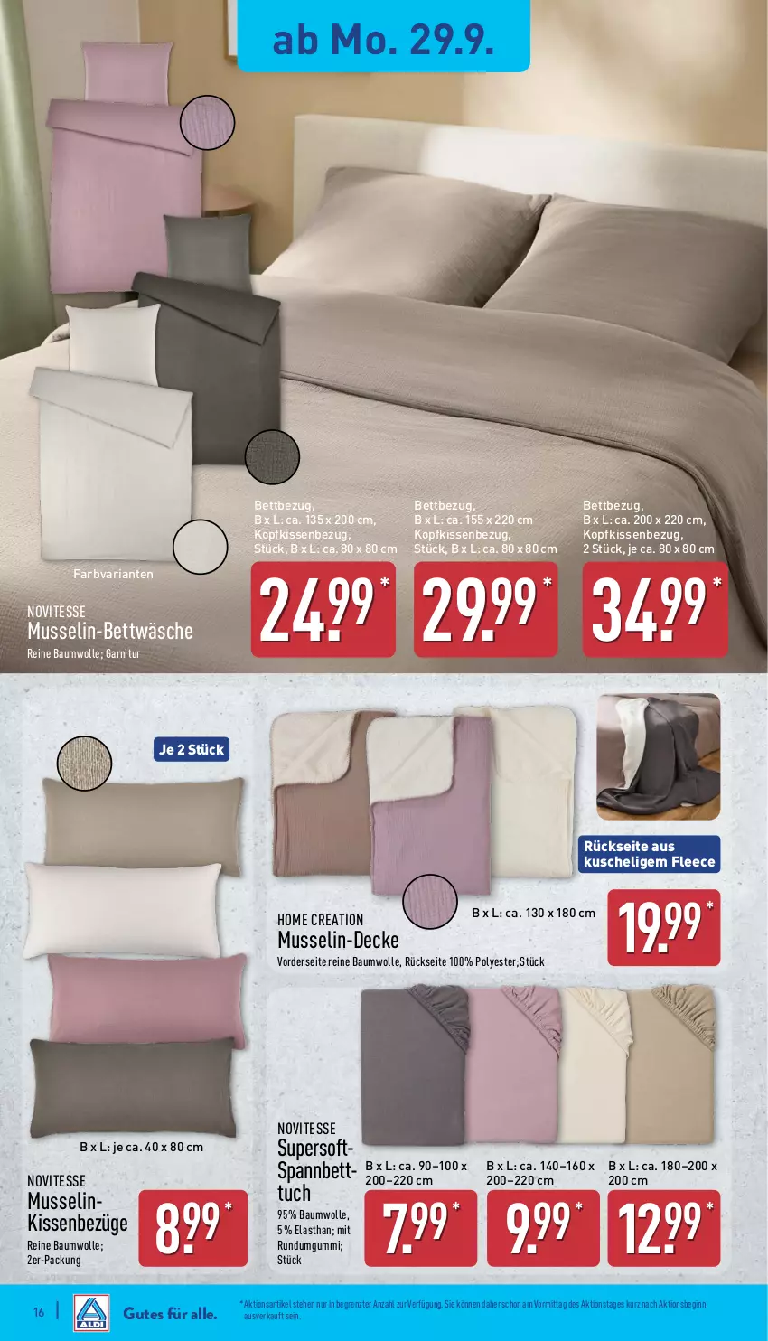 Aktueller Prospekt Aldi Nord - Von Montag - von 29.09 bis 04.10.2025 - strona 16 - produkty: Bau, baumwolle, bett, Betttuch, bettwäsche, decke, garnitur, gin, kissen, Kissenbezug, kopfkissen, kopfkissenbezug, reine baumwolle, Ria, spannbetttuch, Ti, tuc, wolle, ZTE
