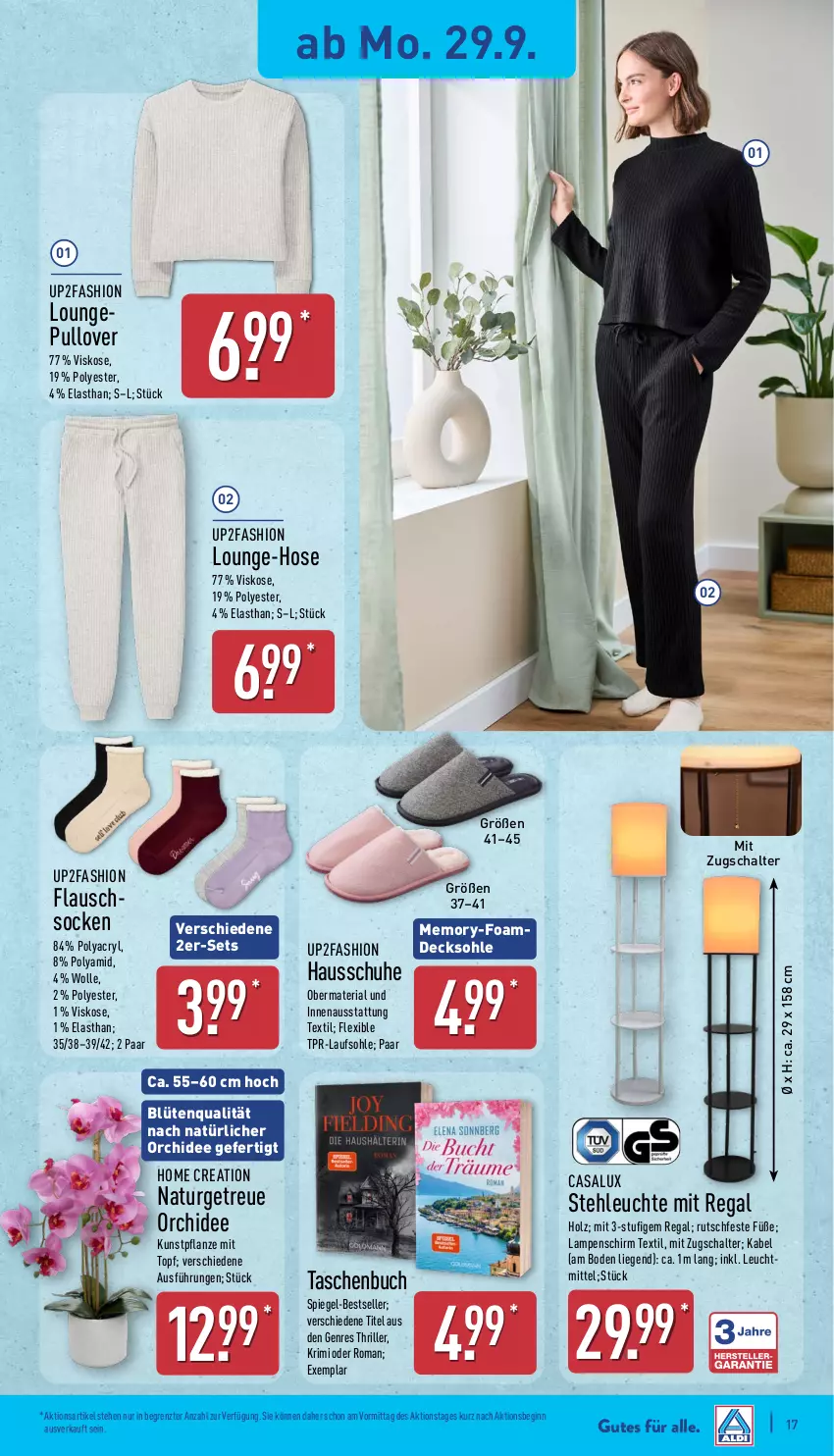 Aktueller Prospekt Aldi Nord - Von Montag - von 29.09 bis 04.10.2025 - strona 17 - produkty: Blüte, buch, decksohle, elle, gin, Hausschuhe, Holz, hose, Kunstpflanze, Lampe, Lampenschirm, Leuchte, Liege, natur, orchidee, pflanze, Pullover, regal, Ria, Schal, schuhe, socken, spiegel, stehleuchte, Tasche, taschen, Taschenbuch, Ti, topf, up2fashion, wolle, ZTE
