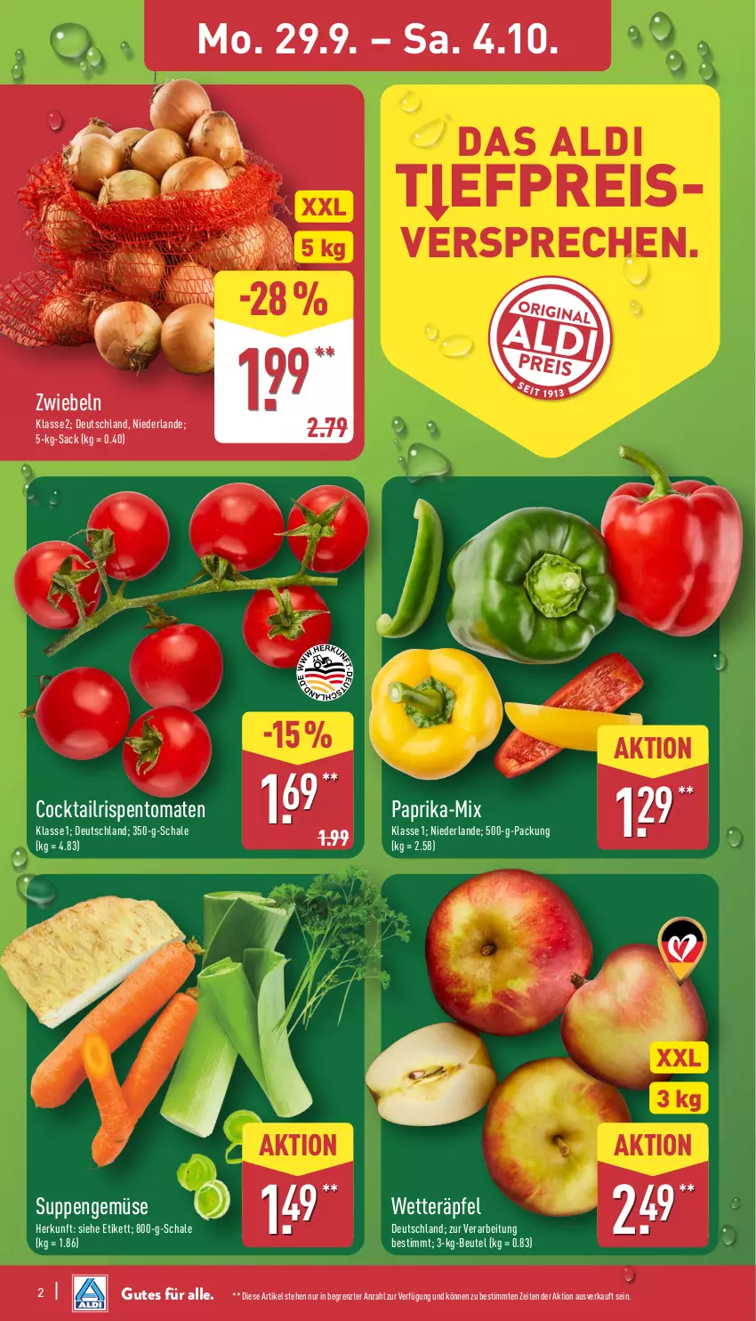 Aktueller Prospekt Aldi Nord - Von Montag - von 29.09 bis 04.10.2025 - strona 2 - produkty: aldi, beutel, cocktail, eis, paprika, reis, rispentomaten, sac, Schal, Schale, suppe, suppen, Ti, tomate, tomaten, ZTE, zwiebel, zwiebeln