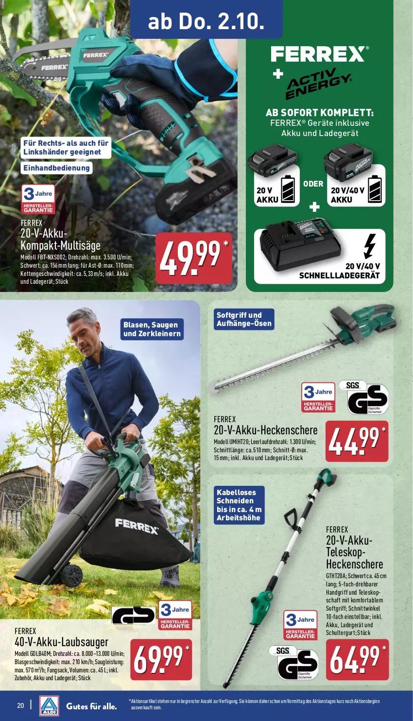 Aktueller Prospekt Aldi Nord - Von Montag - von 29.09 bis 04.10.2025 - strona 20 - produkty: akku, akku-heckenschere, Akku-Laubsauger, dell, eis, ferrex, gin, heckenschere, Kette, ladegerät, Laubsauger, leine, Mode, sac, säge, Schere, schnellladegerät, schultergurt, Teleskop, Ti, ZTE