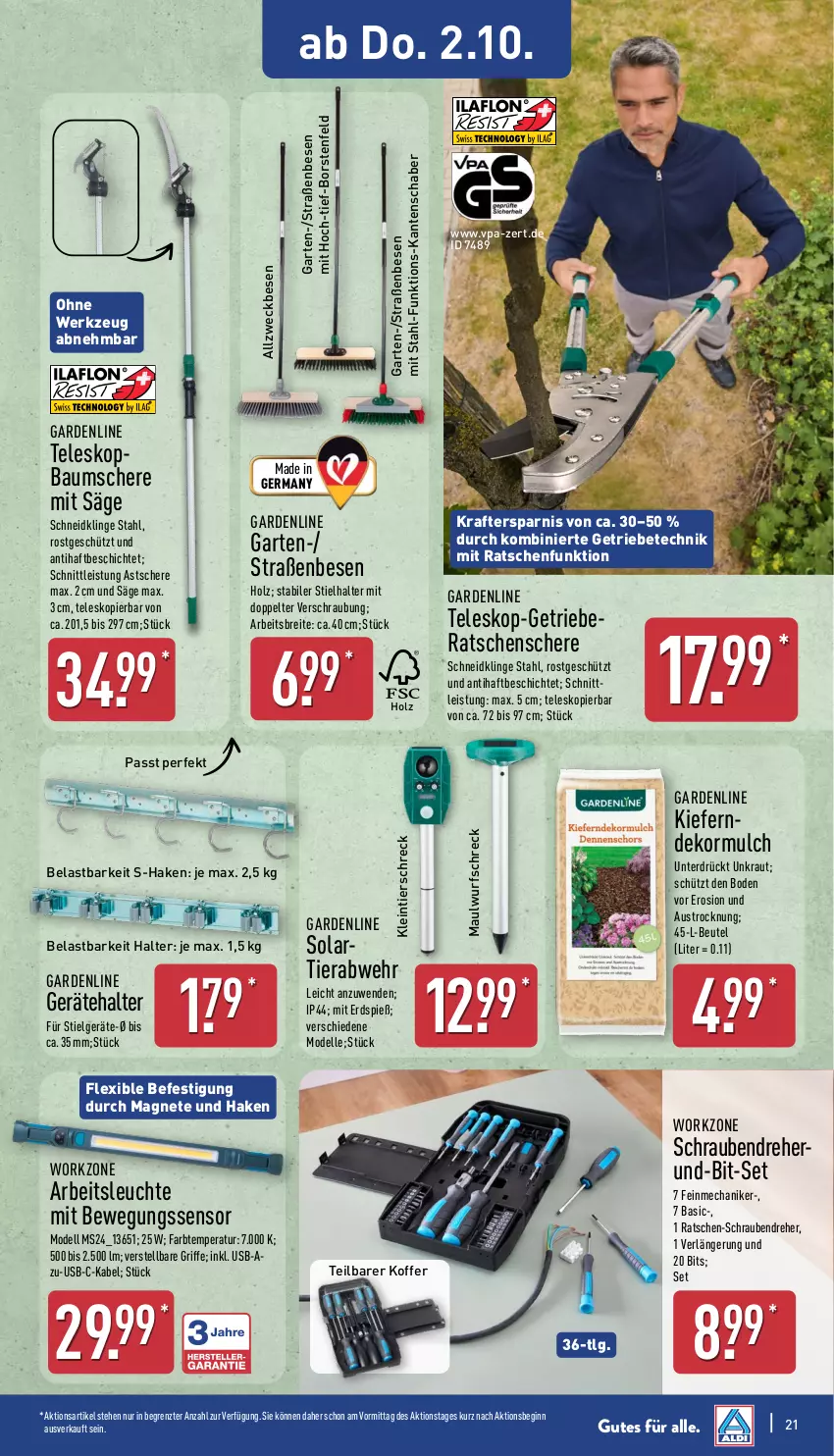 Aktueller Prospekt Aldi Nord - Von Montag - von 29.09 bis 04.10.2025 - strona 21 - produkty: Arbeitsleuchte, aust, Bau, beutel, Bewegungssensor, Brei, dell, eis, elle, Garten, Germ, gin, Holz, koffer, kraft, Kraut, Leuchte, LG, Mode, Nike, säge, Schere, schrauben, Schraubendreher, Teleskop, Ti, usb, weck, werkzeug, ZTE