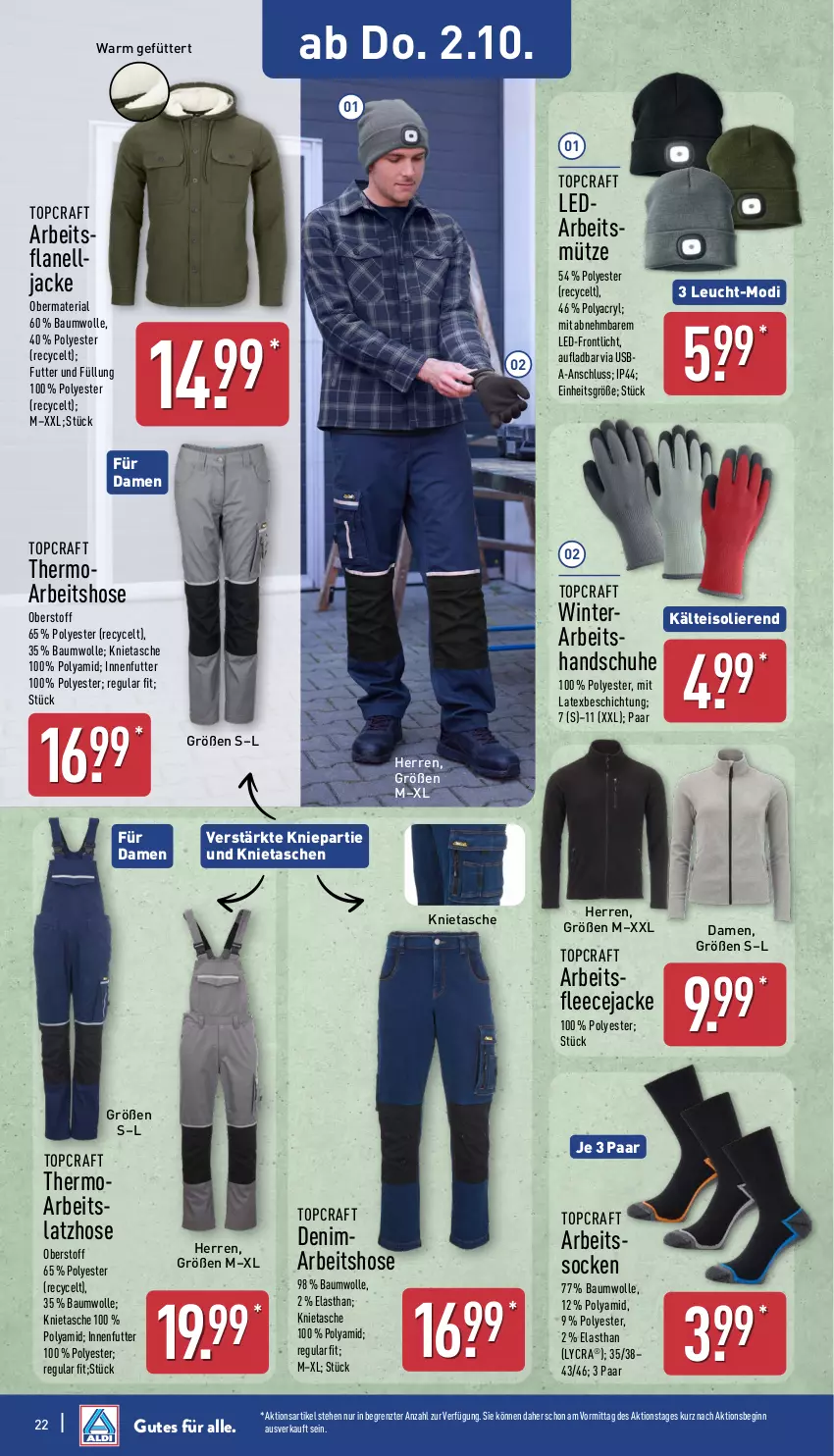 Aktueller Prospekt Aldi Nord - Von Montag - von 29.09 bis 04.10.2025 - strona 22 - produkty: Bau, baumwolle, eis, Fleecejacke, gin, handschuhe, hose, Jacke, Latzhose, Mütze, Ria, schuhe, socken, Tasche, taschen, Ti, usb, wolle, ZTE