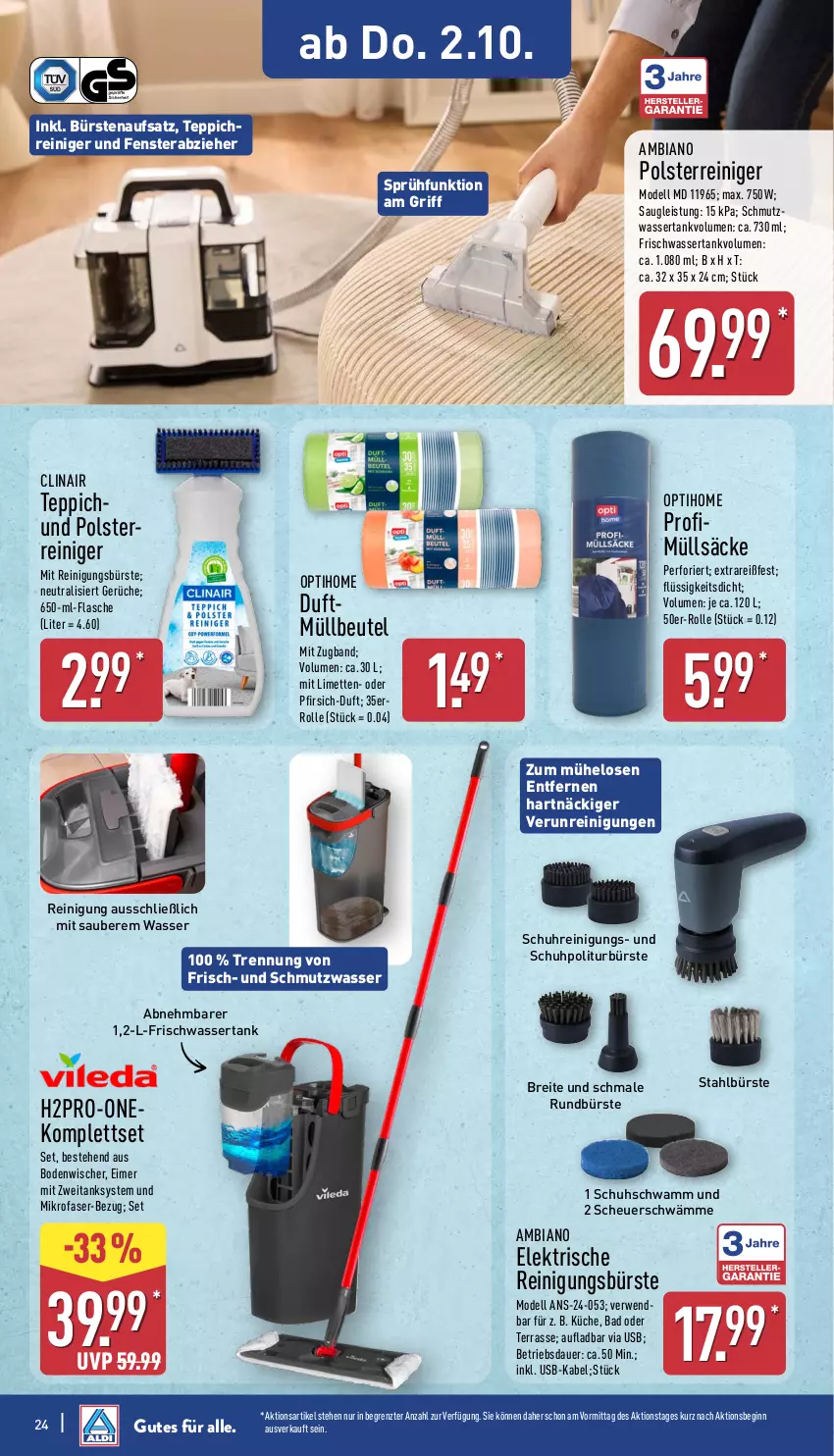 Aktueller Prospekt Aldi Nord - Von Montag - von 29.09 bis 04.10.2025 - strona 24 - produkty: ambia, auer, Bad, beutel, bodenwischer, Brei, bürste, bürsten, Clin, dell, eimer, eis, fenster, flasche, gin, Heu, HP, küche, limette, limetten, Mett, metten, mikrofaser, Mode, müllbeutel, pfirsich, reiniger, Reinigung, reinigungsbürste, Rundbürste, rwe, schwamm, teppich, Ti, uhr, usb, wasser, wassertank, ZTE