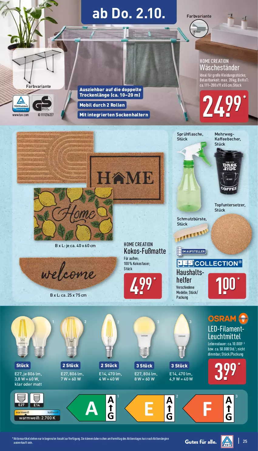 Aktueller Prospekt Aldi Nord - Von Montag - von 29.09 bis 04.10.2025 - strona 25 - produkty: auer, Becher, bürste, dell, elle, flasche, Fußmatte, gin, kaffee, kaffeebecher, kleid, Kleidung, kokos, leuchtmittel, Mode, Ria, rwe, socken, sprühflasche, teller, Ti, topf, Topfuntersetzer, Untersetzer, ZTE