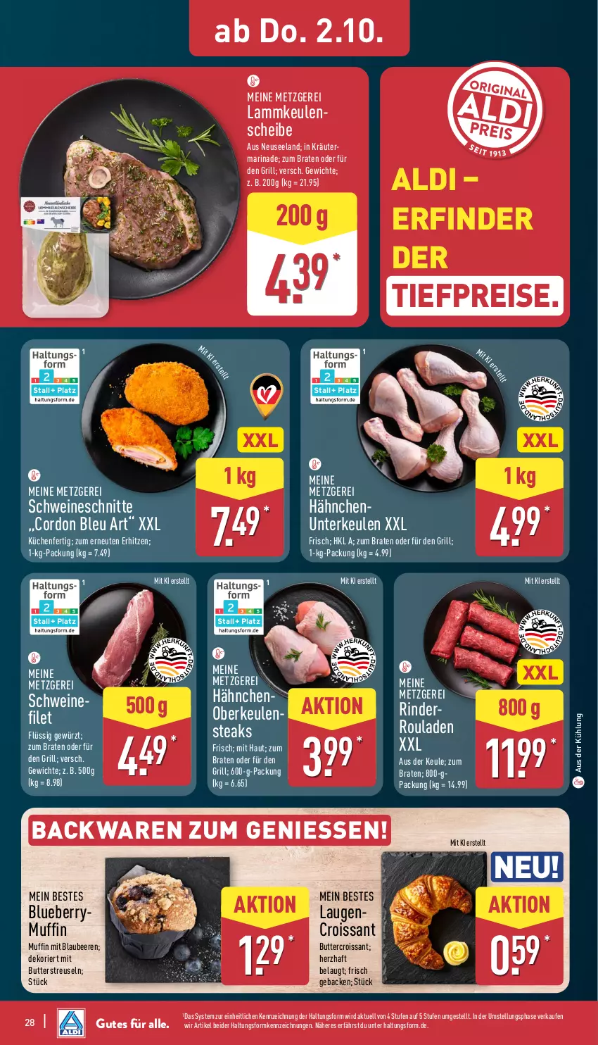 Aktueller Prospekt Aldi Nord - Von Montag - von 29.09 bis 04.10.2025 - strona 28 - produkty: aldi, backwaren, beere, beeren, bio, Blaubeer, blaubeere, blueberry, braten, butter, cordon bleu, Croissant, eis, Elan, filet, geback, gewürz, grill, kräuter, küche, Küchen, lamm, lammkeule, Laugencroissant, marinade, Muffin, reis, rind, rinder, rouladen, schwein, schweine, schweinefilet, steak, steaks, Ti, tiefpreis, wein, weine