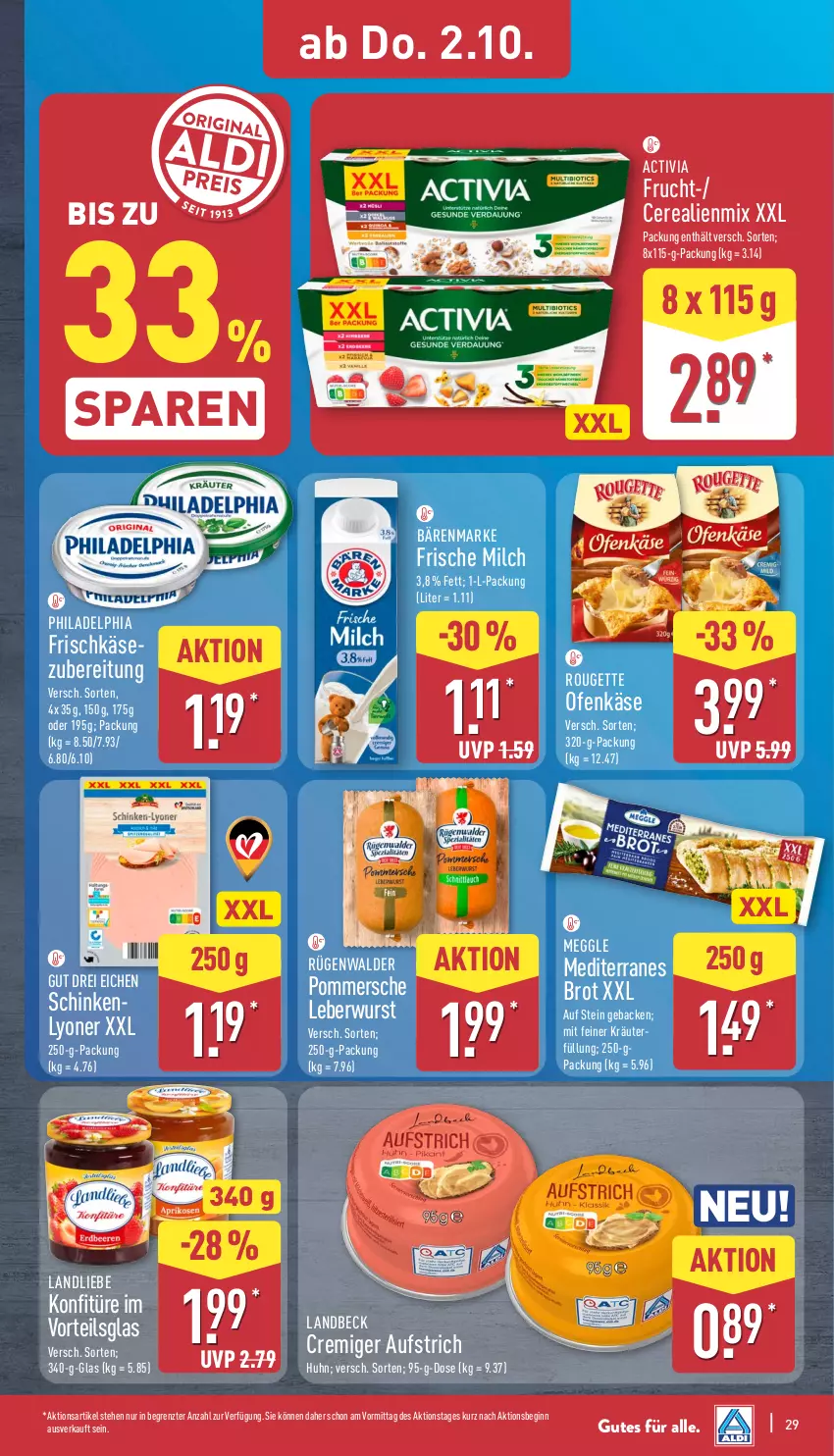Aktueller Prospekt Aldi Nord - Von Montag - von 29.09 bis 04.10.2025 - strona 29 - produkty: activia, aufstrich, bärenmarke, brot, cerealien, frische milch, frischkäse, frischkäsezubereitung, frucht, geback, gin, Käse, konfitüre, kräuter, landliebe, leberwurst, lyoner, meggle, milch, Ofen, Ofenkäse, philadelphia, Pommersche, rouge, rougette, rügenwalder, schinken, Ti, wurst, Yo, ZTE