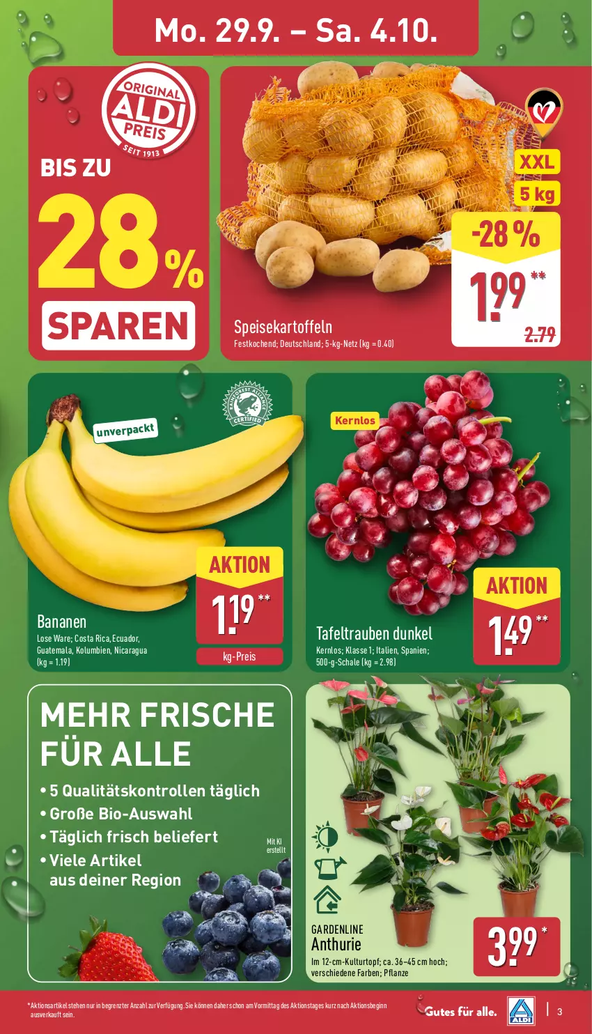 Aktueller Prospekt Aldi Nord - Von Montag - von 29.09 bis 04.10.2025 - strona 3 - produkty: banane, bananen, bio, Blüte, Brei, eis, gin, kartoffel, kartoffeln, kulturtopf, pflanze, reis, Schal, Schale, speisekartoffeln, tafeltrauben, Ti, topf, trauben, ZTE
