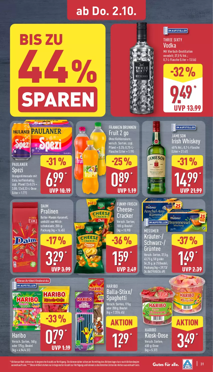 Aktueller Prospekt Aldi Nord - Von Montag - von 29.09 bis 04.10.2025 - strona 31 - produkty: ball, beutel, brunnen, butter, cola, cracker, daim, elle, flasche, franken brunnen, funny-frisch, gin, haribo, irish whiskey, jameson, karamell, kräuter, limo, limonade, mandel, milch, orange, orangen, Paula, paulaner, pralinen, schoko, schokolade, spaghetti, Spezi, tee, teller, Three Sixty, Ti, vodka, whiskey, ZTE