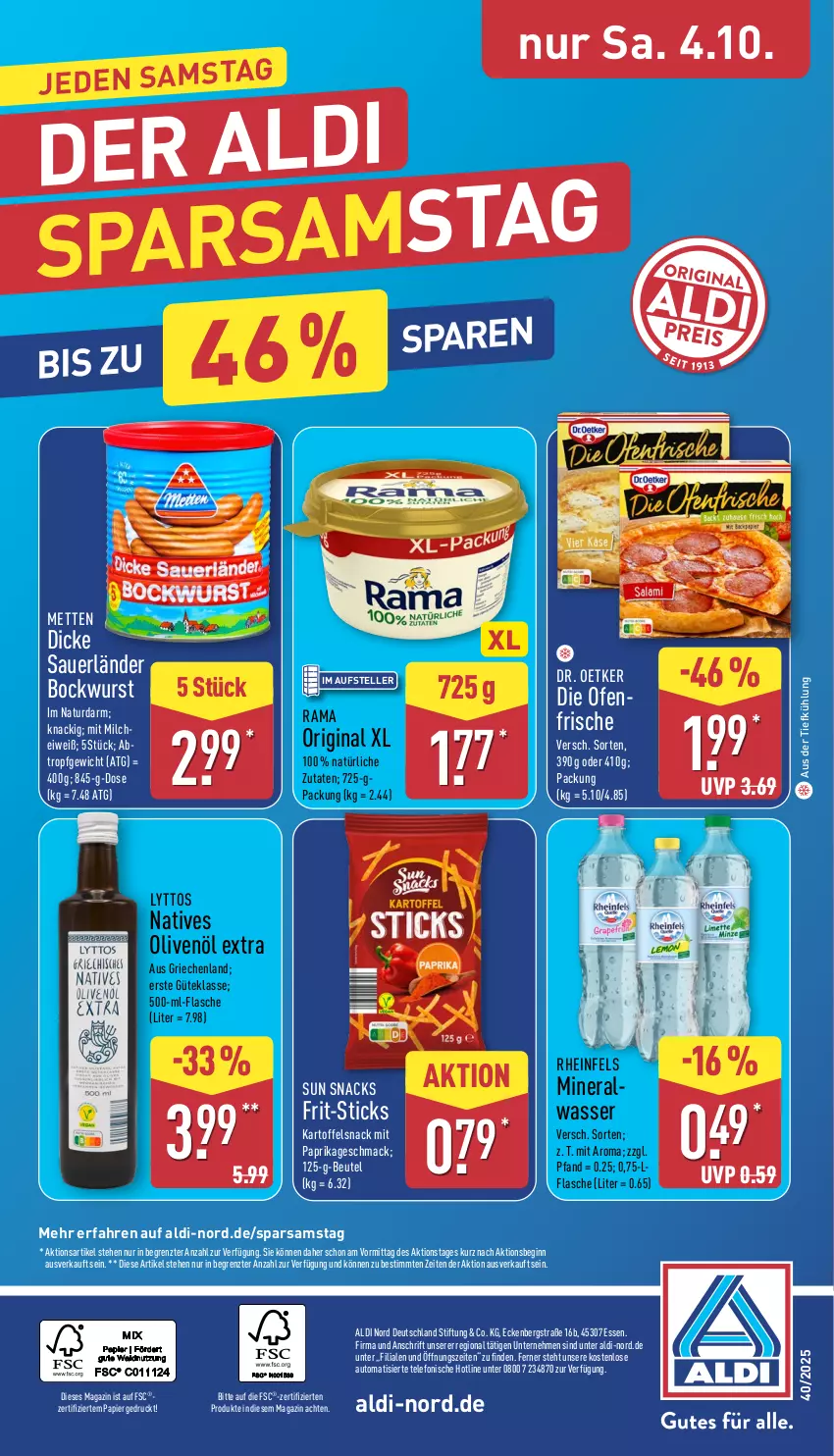 Aktueller Prospekt Aldi Nord - Von Montag - von 29.09 bis 04.10.2025 - strona 32 - produkty: aldi, Alwa, auer, aus der tiefkühlung, auto, beutel, bockwurst, die ofenfrische, Dr. Oetker, elle, flasche, Frit-Sticks, gin, kartoffel, mac, magazin, Mett, metten, milch, mineralwasser, mit paprika, natives olivenöl, natur, Ofen, olive, oliven, olivenöl, olivenöl extra, papier, paprika, rama, snack, snacks, Sun Snacks, telefon, teller, Ti, wasser, wurst, ZTE