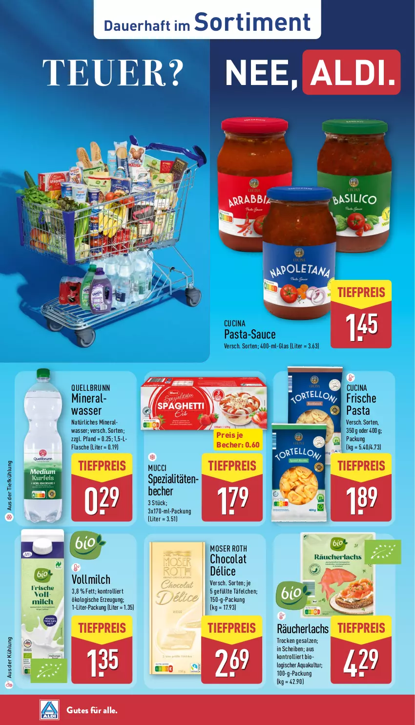 Aktueller Prospekt Aldi Nord - Von Montag - von 29.09 bis 04.10.2025 - strona 33 - produkty: aldi, aqua, auer, aus der tiefkühlung, Becher, bio, cin, cola, eis, flasche, Frische Pasta, lachs, milch, moser, Moser Roth, pasta, pasta-sauce, Quellbrunn, reis, salz, sauce, Spezi, Ti, tiefpreis, trolli, vollmilch, wasser