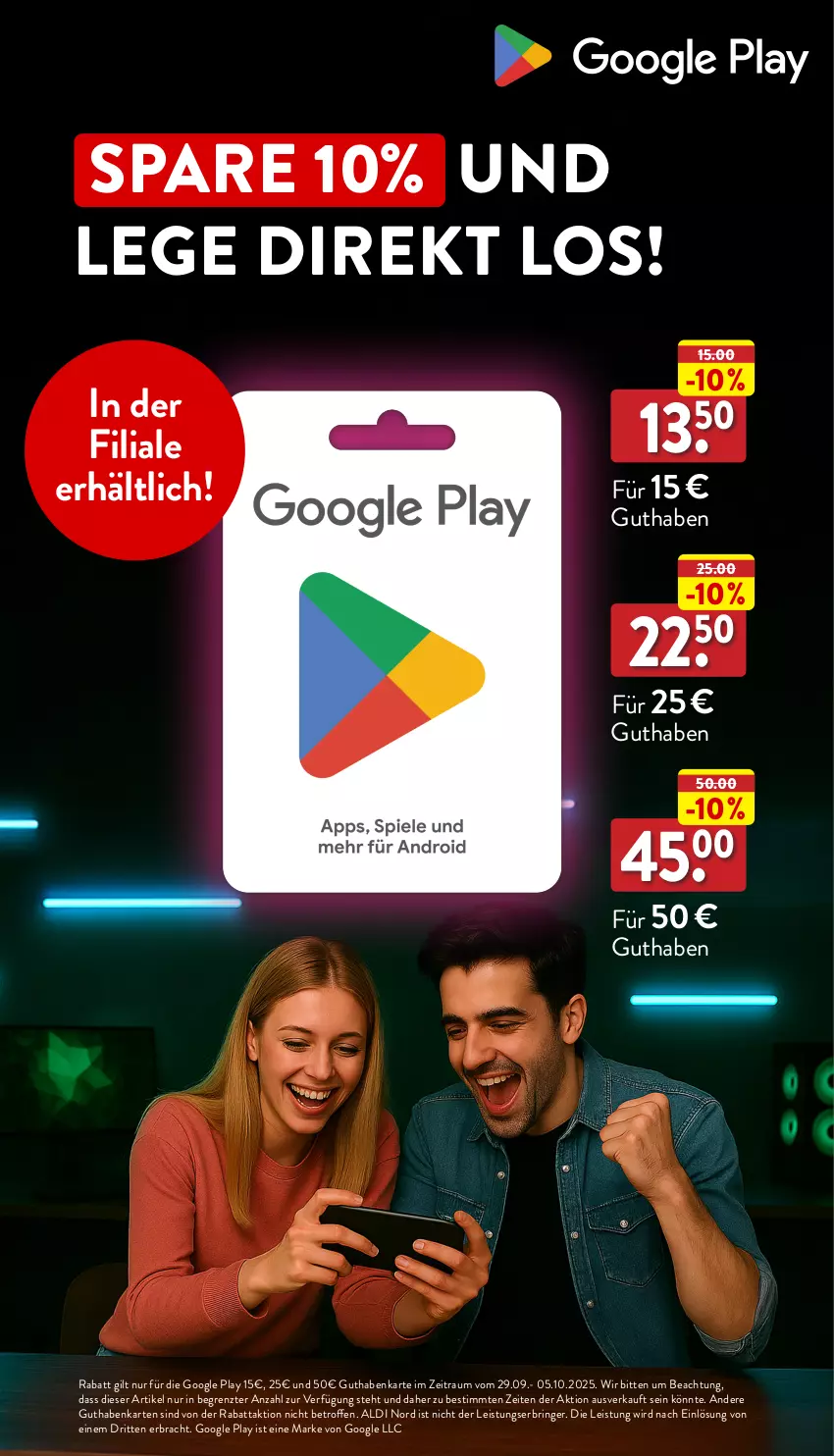 Aktueller Prospekt Aldi Nord - Von Montag - von 29.09 bis 04.10.2025 - strona 40 - produkty: aldi, eis, google play, guthabenkarte, ring, Ti, ZTE