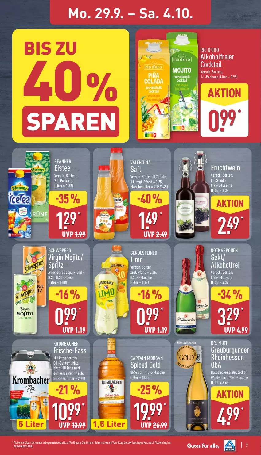 Aktueller Prospekt Aldi Nord - Von Montag - von 29.09 bis 04.10.2025 - strona 7 - produkty: alkohol, burgunder, Cap, captain morgan, cocktail, eier, eis, eistee, flasche, frucht, gerolsteine, gerolsteiner, gin, grauburgunder, krombache, krombacher, limo, mojito, pfanne, Pfanner, rotkäppchen, saft, schweppes, sekt, steiner, tee, Ti, valensina, wein, Weißwein, ZTE