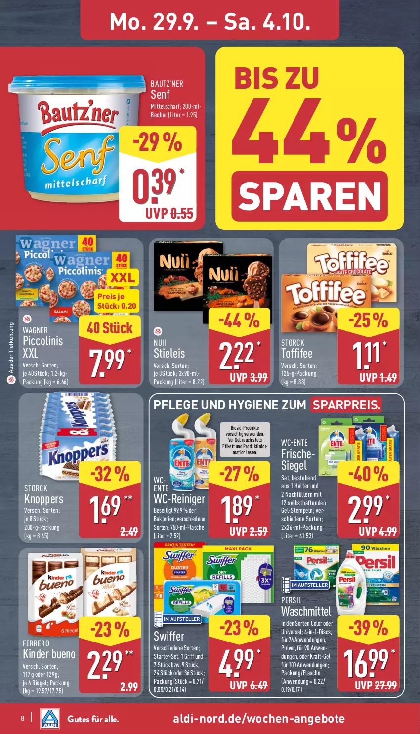 Aktueller Prospekt Aldi Nord - Von Montag - von 29.09 bis 04.10.2025 - strona 8 - produkty: aldi, angebot, angebote, aus der tiefkühlung, Bau, Becher, bio, eis, elle, ente, ferrero, flasche, Kinder, kinder bueno, knoppers, kraft, nuii, persil, piccolinis, Rauch, reiniger, reis, riegel, rwe, senf, stieleis, storck, swiffer, teller, Ti, toffifee, wagner, waschmittel, wc-reiniger