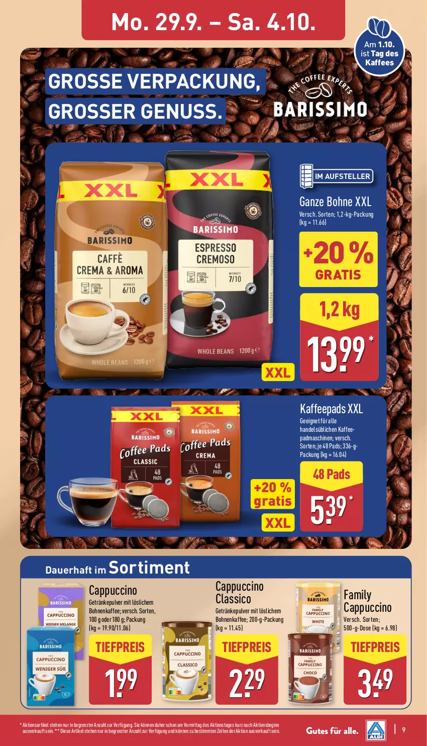 Aktueller Prospekt Aldi Nord - Von Montag - von 29.09 bis 04.10.2025 - strona 9 - produkty: auer, bohne, bohnen, bohnenkaffee, Cap, cappuccino, cin, classico, eis, elle, getränk, getränke, getränkepulver, gin, kaffee, kaffeepads, nuss, reis, teller, Ti, tiefpreis, ZTE