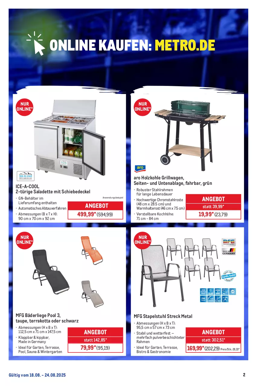 Aktueller Prospekt Metro - Online: Wochen-Angebote - von 18.08 bis 24.08.2025 - strona 2 - produkty: angebot, auer, auto, Behälter, decke, Deckel, eis, Garten, Germ, grill, Holz, holzkohle, Liege, Metro, pool, reis, rum, stapelstuhl, stuhl, Ti, tisch