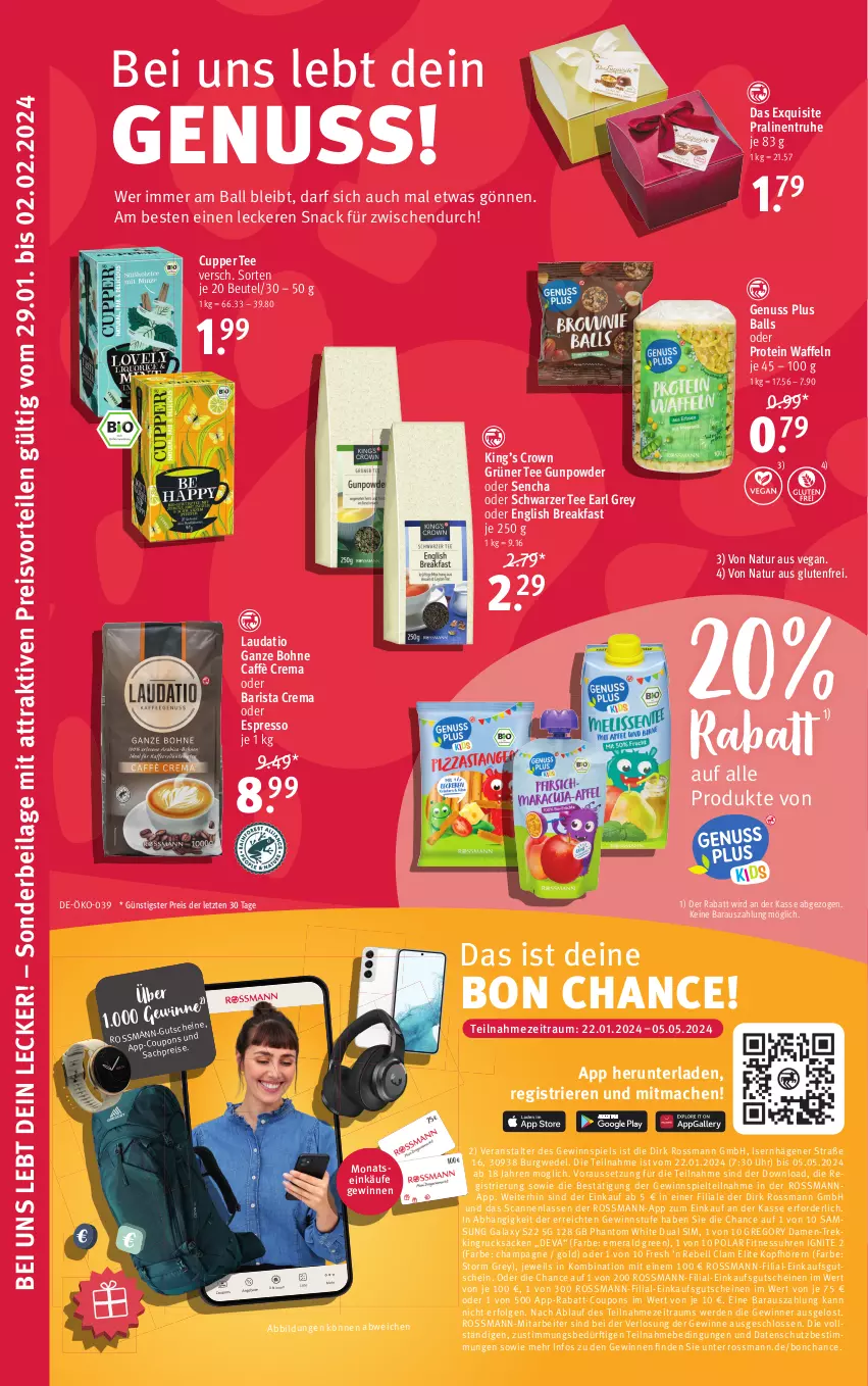 Aktueller Prospekt Rossmann - Prospekte - von 22.01 bis 05.05.2024 - strona 10 - produkty: ball, beutel, bohne, caffè crema, champagne, coupon, coupons, Dual SIM, eis, erde, espresso, gewinnspiel, grüner tee, gutschein, gutscheine, HP, ilag, LG, mac, natur, nuss, oder espresso, pralinen, preisvorteil, rabatt-coupon, rebell, reis, sac, Samsung, samsung galaxy, Samsung Galaxy S, schwarzer tee, sim, snack, tee, Ti, uhr, waffeln, wedel, ZTE