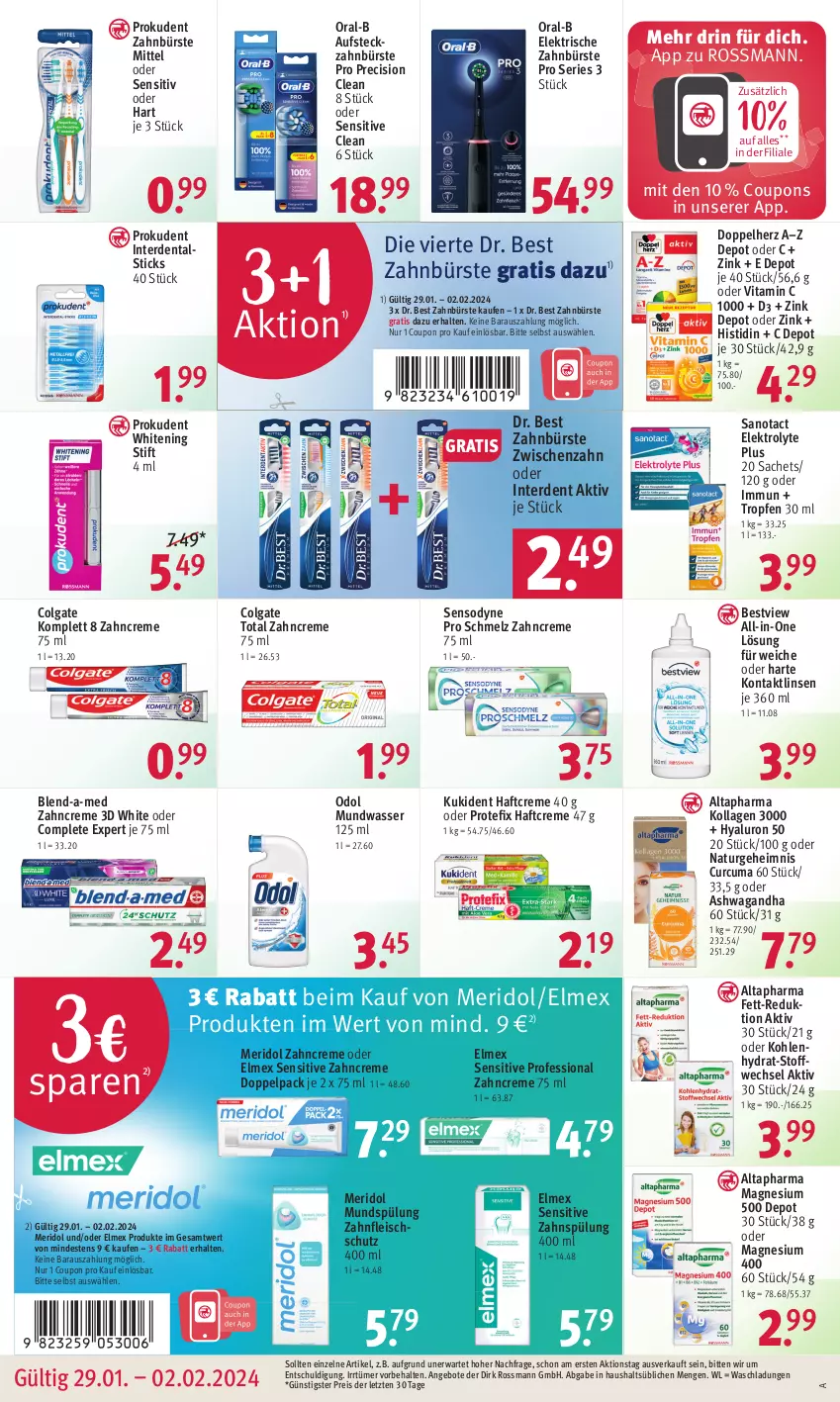 Aktueller Prospekt Rossmann - Prospekte - von 22.01 bis 05.05.2024 - strona 16 - produkty: Altapharma, angebot, angebote, blend-a-med, bürste, colgate, colgate total, coupon, coupons, creme, doppelherz, Dr. Best, eis, elektrische zahnbürste, Elektro, elmex, erde, fleisch, Haftcreme, hyaluron, Kollagen, Kukident, LG, linsen, magnesium, magnesium 400, meridol, mundspülung, mundwasser, natur, Odol, oral-b, precision clean, Prokudent, reis, sac, sensodyne, spülung, Ti, vita, Vitamin C, wasser, zahnbürste, zahncreme, ZTE