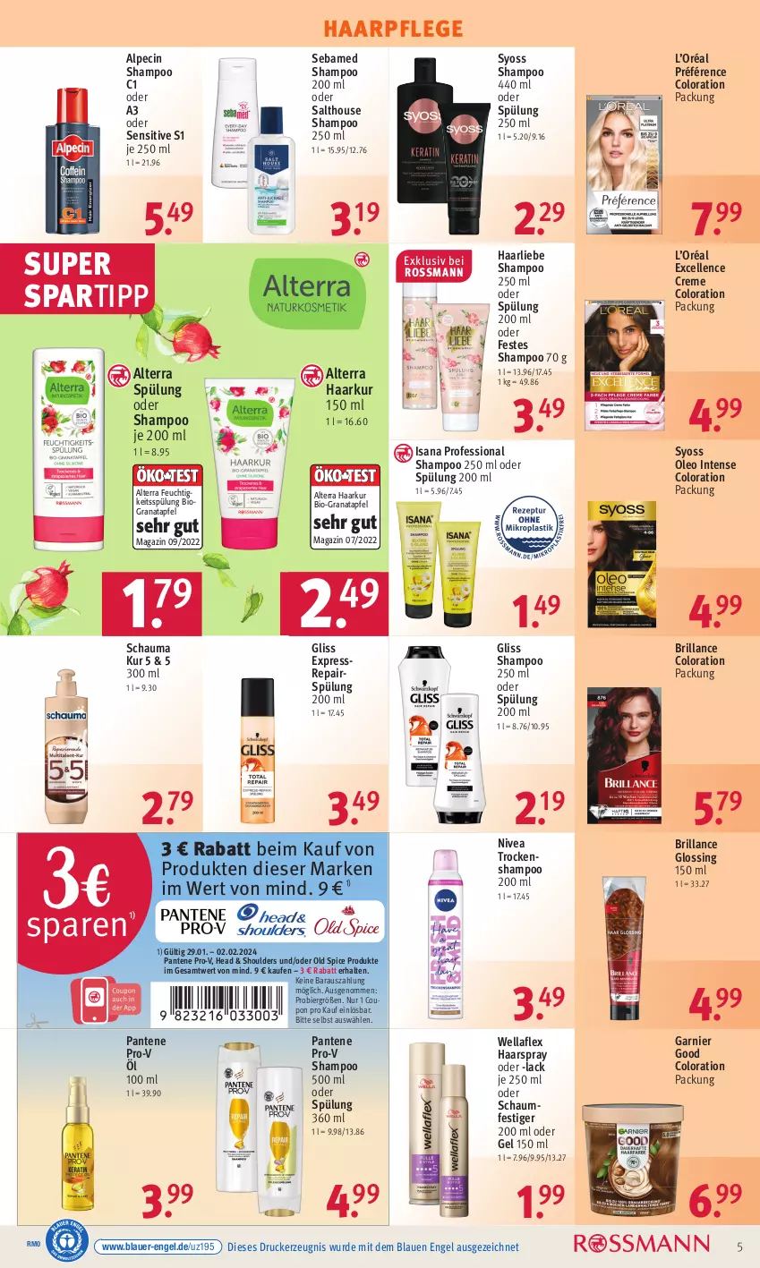 Aktueller Prospekt Rossmann - Prospekte - von 22.01 bis 05.05.2024 - strona 5 - produkty: alpecin, alterra, apfel, auer, bier, bio, brillance, cin, coupon, creme, drucker, elle, Engel, garnier, gliss, grana, granatapfel, haarpflege, haarspray, isana, kerze, lack, magazin, nivea, oder schaumfestiger, Old Spice, pantene, pantene pro-v, pro-v, Rana, sana, schauma, schaumfestiger, sebamed, shampoo, shampoo 250 ml, spartipp, spülung, spülung 200 ml, syoss, Ti, Trockenshampoo, Wella, wellaflex, Yo