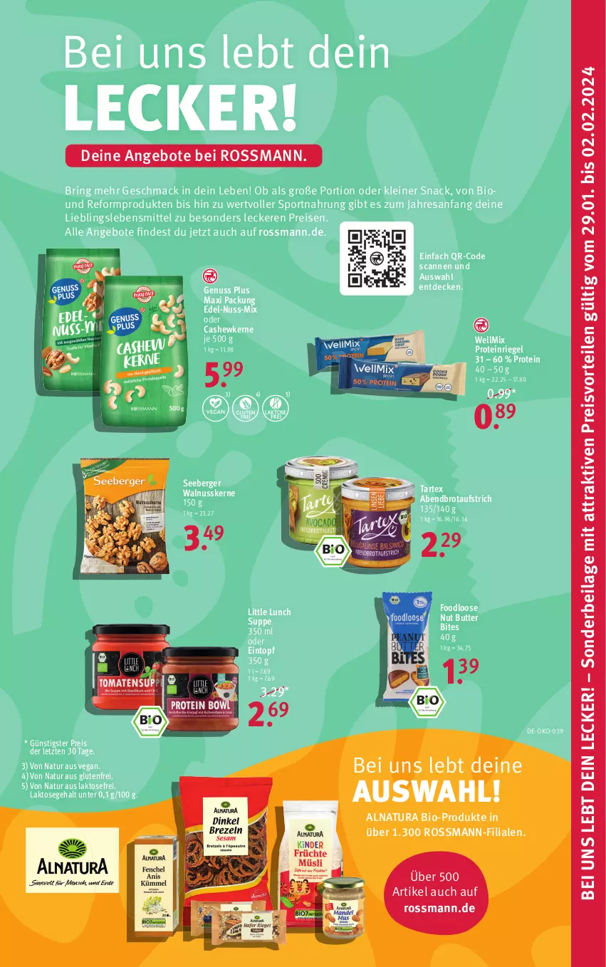 Aktueller Prospekt Rossmann - Prospekte - von 22.01 bis 05.05.2024 - strona 7 - produkty: angebot, angebote, aufstrich, Berger, bio, bites, brot, brotaufstrich, butter, Cashew, cashewkerne, decke, eintopf, eis, ilag, lebensmittel, leine, Loose, mac, natur, natura, nuss, preisvorteil, reis, resa, riegel, ring, seeberger, snack, Sport, suppe, Ti, topf, walnuss, walnusskerne, ZTE