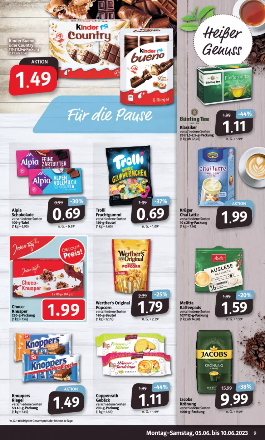 Aktueller Prospekt Markant - Prospekte - von 05.06 bis 10.06.2023 - strona 9 - produkty: beutel, coppenrath, eis, frucht, fruchtgummi, gin, kaffee, kaffeepads, knoppers, melitta, popcorn, reis, schoko, schokolade, tee, trolli, werther's, ZTE