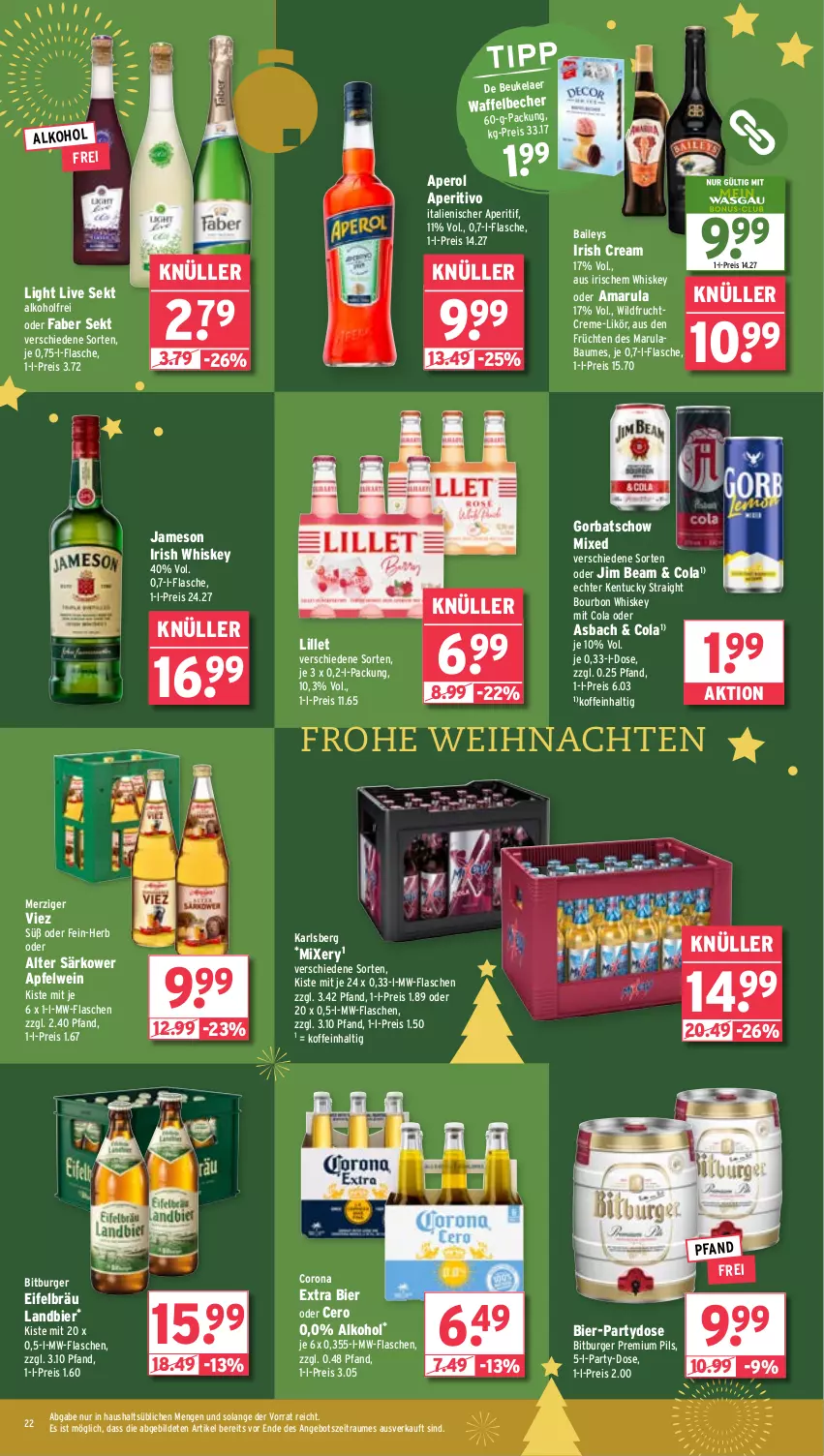 Aktueller Prospekt Wasgau - von 23.12 bis 28.12.2024 - strona 22 - produkty: alkohol, amarula, angebot, aperitif, aperol, apfel, apfelwein, baileys, Bau, Becher, bier, bitburger, bourbon, bourbon whiskey, burger, cola, corona, creme, de beukelaer, eis, flasche, frucht, früchte, früchten, Gorbatschow, irish cream, irish whiskey, jameson, jim beam, karlsberg, kentucky straight, likör, lillet, Mixer, mixery, mw-flasche, pils, premium pils, reis, sekt, Ti, tuc, weihnachten, wein, whiskey, Wild