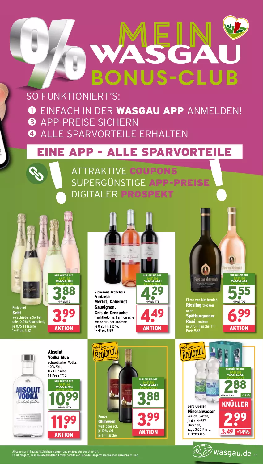 Aktueller Prospekt Wasgau - von 23.12 bis 28.12.2024 - strona 27 - produkty: Absolut Vodka, alkohol, Alwa, angebot, burgunder, cabernet, cabernet sauvignon, coupon, coupons, eis, elle, flasche, freixenet, frucht, fürst von metternich, Glühwein, merl, merlot, Mett, metternich, mineralwasser, nero, reis, riesling, sauvignon, sekt, spätburgunder, Ti, vodka, wasser, wein, weine