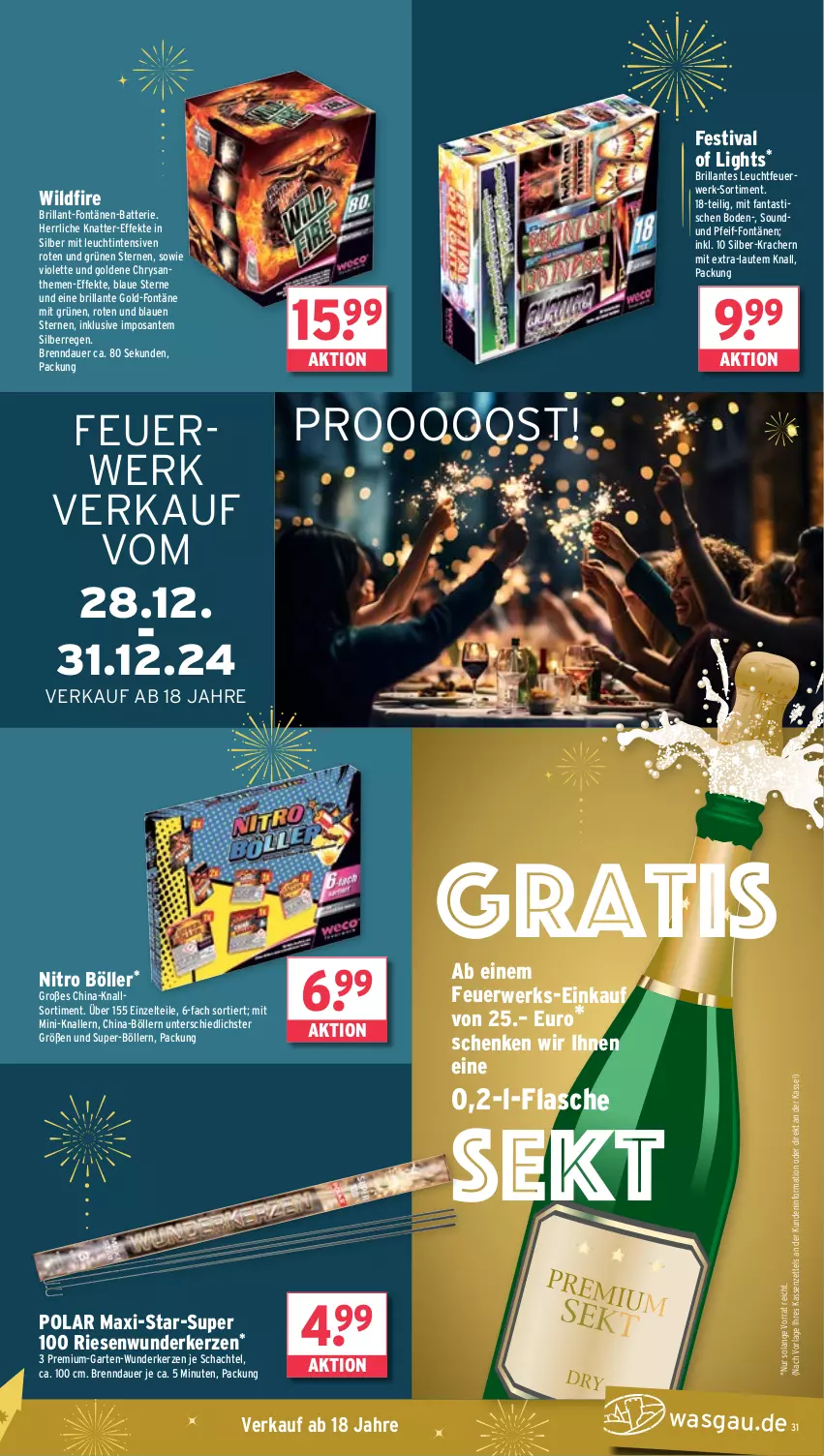 Aktueller Prospekt Wasgau - von 23.12 bis 28.12.2024 - strona 31 - produkty: asti, auer, batterie, chrysanthemen, fanta, flasche, Garten, kerze, Knallsortiment, kracher, Leuchtfeuerwerk, rwe, SANTE, sekt, Ti, tisch, Wild, Zelt