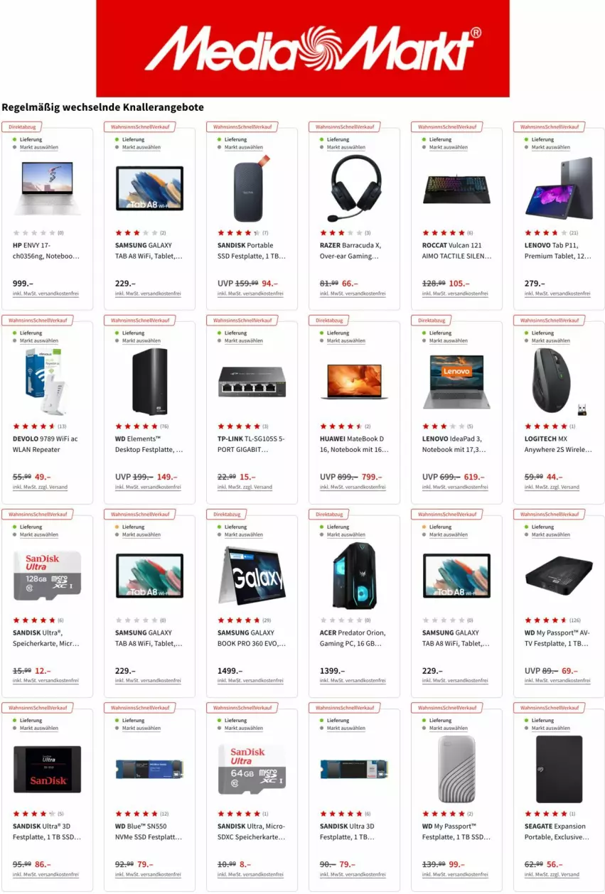 Aktueller Prospekt Media Markt - Prospekte - von 18.01 bis 25.01.2022 - strona 1 - produkty: acer, angebot, angebote, devolo, festplatte, Gaming PC, HP, huawei, Huawei Mate, Huawei MateBook, latte, lenovo, logitech, MateBook, ndk, notebook, Razer, rel, Samsung, samsung galaxy, Samsung Galaxy A, Samsung Galaxy S, sandisk, seagate, speicherkarte, Sport, ssd, tablet, Ti, TP-Link, versandkostenfrei