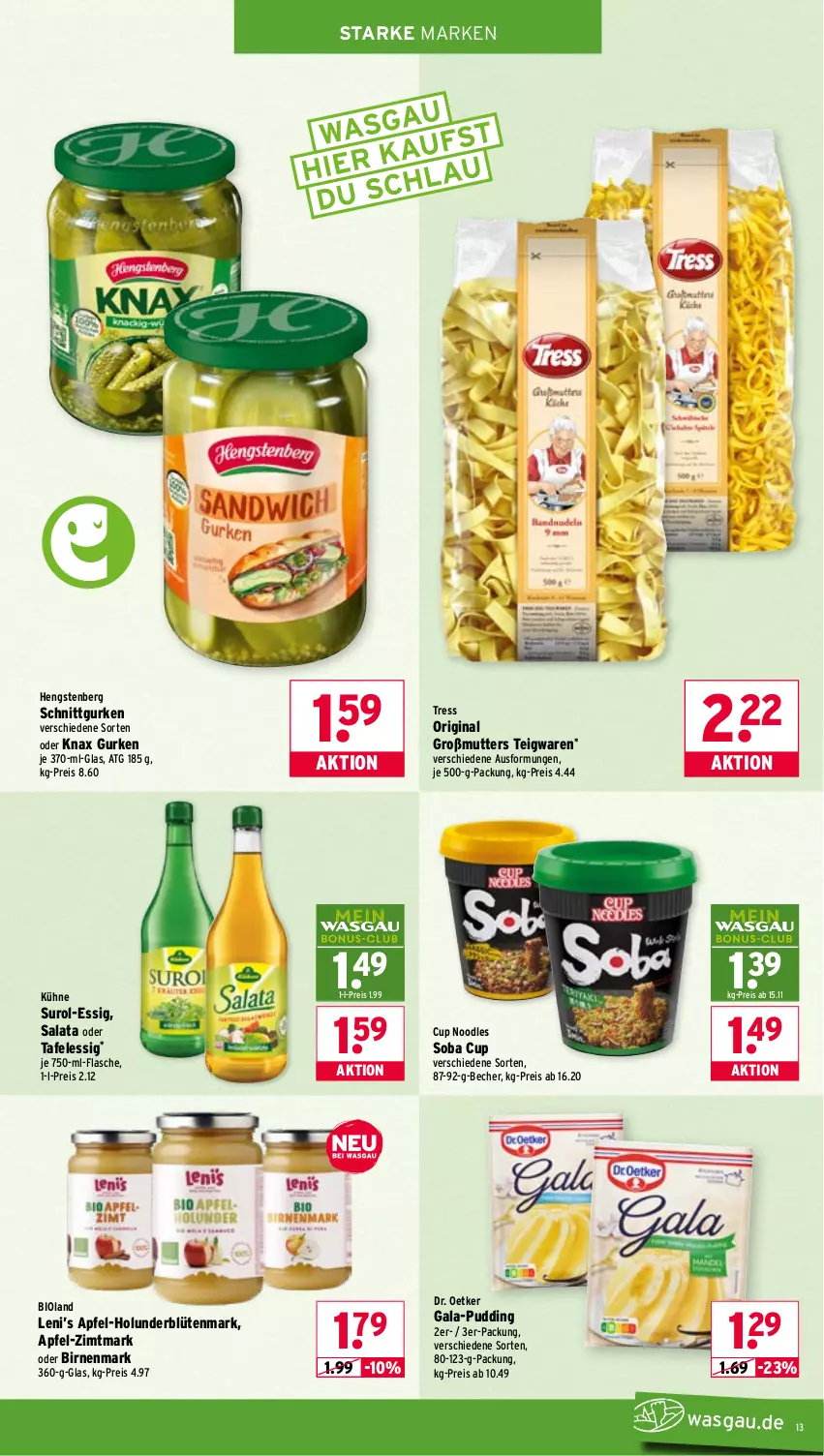 Aktueller Prospekt Wasgau - von 27.04 bis 02.05.2026 - strona 13 - produkty: apfel, Becher, bio, bioland, Birnen, Blüte, Dr. Oetker, eis, essig, flasche, gin, gurke, gurken, hengstenberg, holunder, holunderblüte, Kühne, pudding, reis, salat, teigwaren, Ti