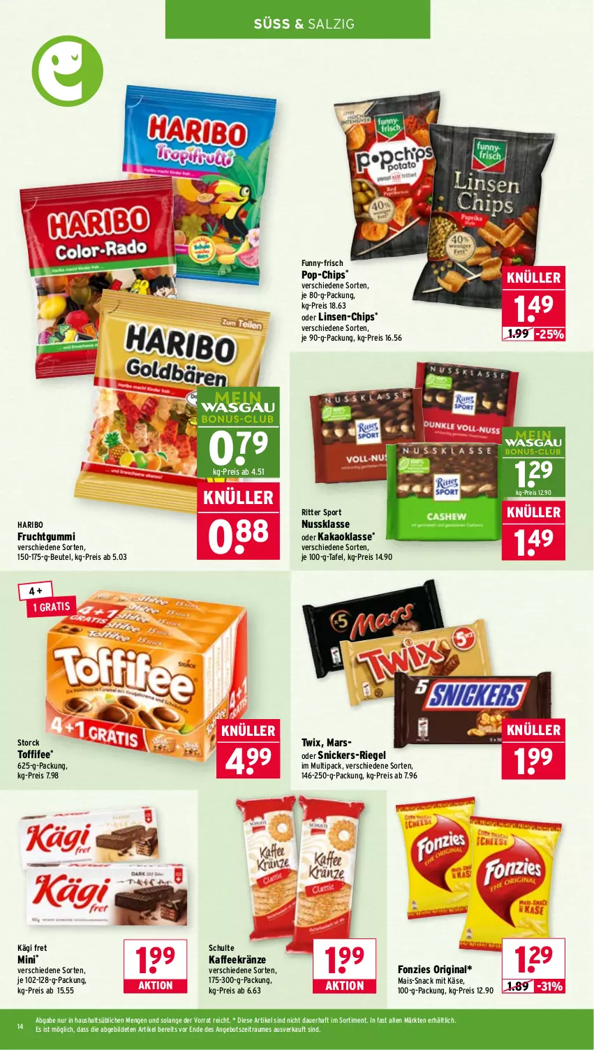 Aktueller Prospekt Wasgau - von 27.04 bis 02.05.2026 - strona 14 - produkty: angebot, auer, beutel, chips, eis, frucht, fruchtgummi, funny-frisch, gin, haribo, kaffee, Kägi, kakao, Käse, linsen, mais, mars, nuss, reis, riegel, ritter, ritter sport, salz, snack, snickers, Sport, storck, Ti, toffifee, twix