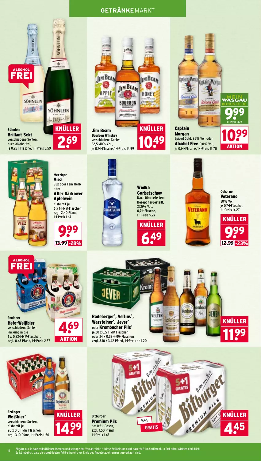 Aktueller Prospekt Wasgau - von 27.04 bis 02.05.2026 - strona 16 - produkty: alkohol, angebot, apfel, apfelwein, auer, Berger, bier, bitburger, bourbon, bourbon whiskey, brillant sekt, burger, Cap, captain morgan, eis, erdinger, flasche, getränk, getränke, Gorbatschow, Hefe, jever, jim beam, krombache, krombacher, krombacher pils, mw-flasche, osborne, Paula, paulaner, pils, premium pils, radeberger, reis, rezept, sekt, söhnlein, söhnlein brillant, steiner, Ti, veltins, veterano, warsteiner, wein, whiskey, wodka