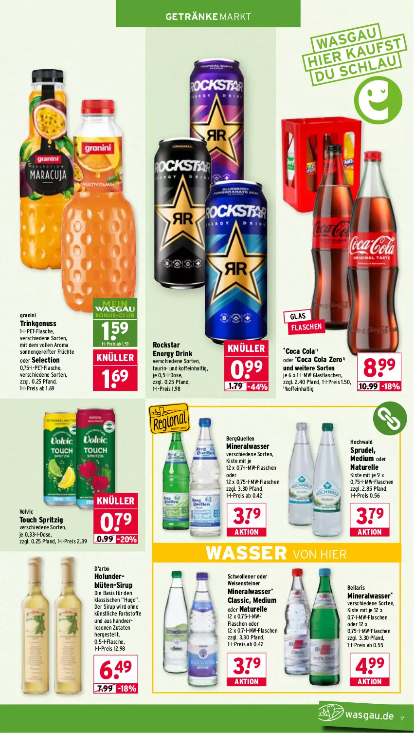 Aktueller Prospekt Wasgau - von 27.04 bis 02.05.2026 - strona 17 - produkty: Alwa, Blüte, cola, drink, eis, elle, energy drink, flasche, früchte, getränk, getränke, glasflasche, granini, hochwald, holunder, holunderblüte, hugo, mineralwasser, mw-flasche, natur, nuss, pet-flasche, reis, rel, Rockstar, sirup, Sprudel, steiner, Ti, volvic, wasser, wolle