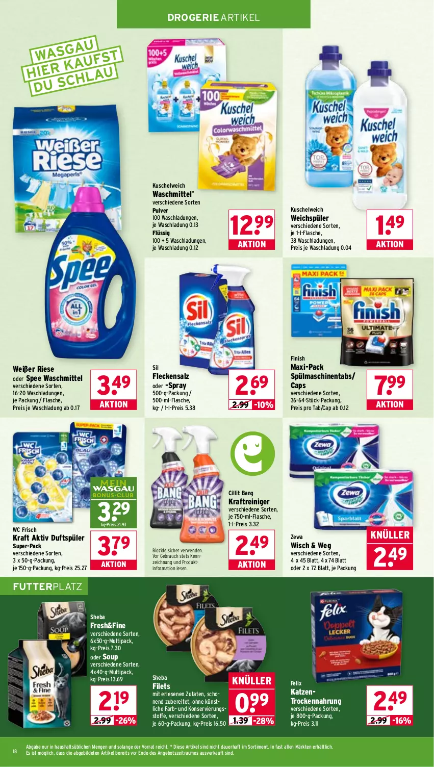 Aktueller Prospekt Wasgau - von 27.04 bis 02.05.2026 - strona 18 - produkty: angebot, auer, bio, Cap, Cillit, cillit bang, eis, felix, filet, filets, Finish, flasche, kraft, Kuschelweich, Rauch, reiniger, reis, rwe, salz, sheba, spee, spülmaschinen, spülmaschinentabs, Ti, Trockennahrung, waschmittel, wc frisch, WC Frisch Kraft Aktiv, weichspüler, zewa