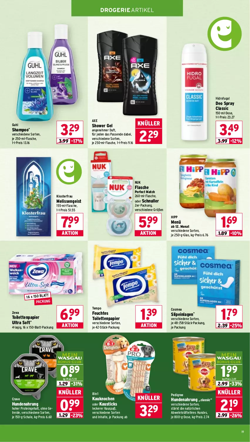 Aktueller Prospekt Wasgau - von 27.04 bis 02.05.2026 - strona 19 - produkty: aust, axe, cosmea, deo, deo spray, eis, feuchtes toilettenpapier, flasche, Guhl, hipp, hundenahrung, nuk, papier, pedigree, reis, Schal, Schale, shampoo, slip, slipeinlagen, Tempo, Ti, toilettenpapier, zewa