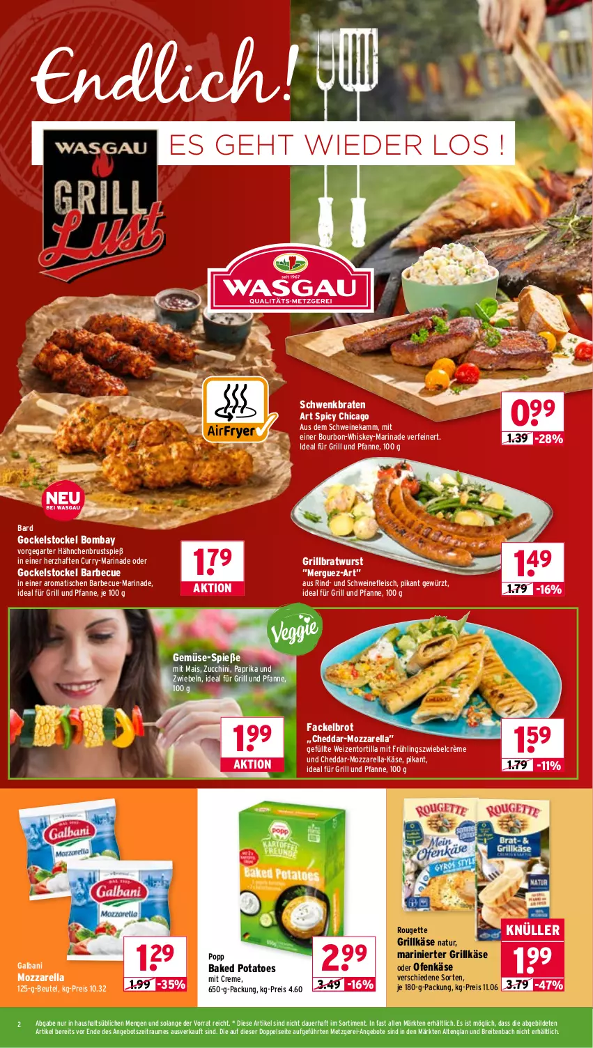Aktueller Prospekt Wasgau - von 27.04 bis 02.05.2026 - strona 2 - produkty: angebot, angebote, auer, baked potatoes, barbecue, beutel, bourbon, braten, bratwurst, Brei, brot, cheddar, creme, curry, eis, fleisch, für grill und pfanne, galbani, gewürz, grill, grill und pfanne, grillbratwurst, Grillkäse, hähnchenbrust, ideal für grill, ideal für grill und pfanne, Käse, mais, marinade, mozzarella, natur, Ofen, Ofenkäse, paprika, pfanne, Popp, potatoes, reis, rel, rind, rouge, rougette, schwein, schweine, schweinefleisch, Ti, tisch, tortilla, und pfanne, wein, weine, whiskey, wurst, zucchini, zwiebel, zwiebeln