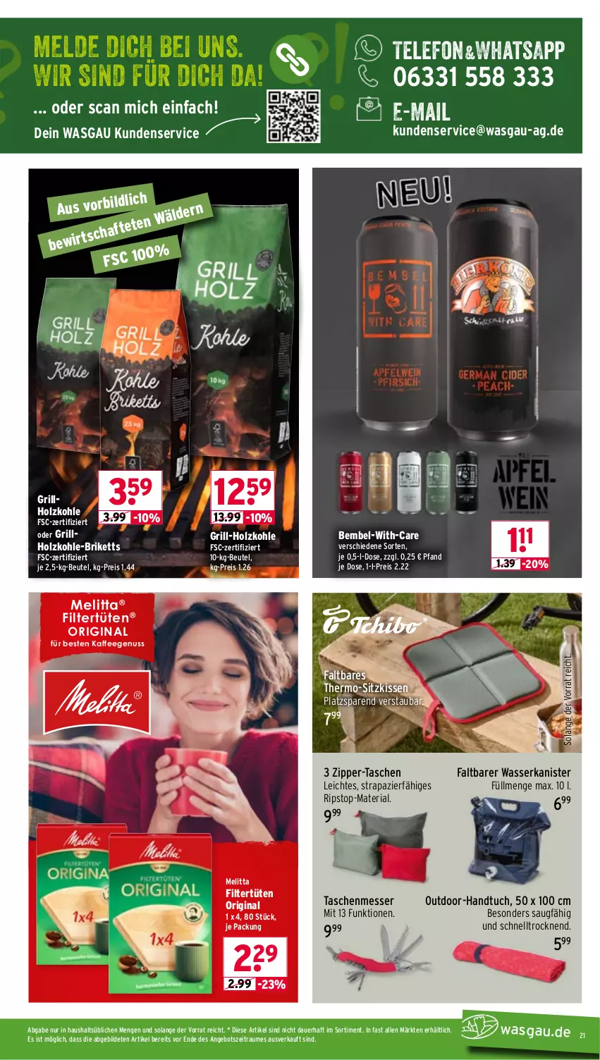 Aktueller Prospekt Wasgau - von 27.04 bis 02.05.2026 - strona 21 - produkty: angebot, auer, beutel, briketts, eis, gin, grill, grill-holzkohle, grillholzkohle, handtuch, Holz, holzkohle, kaffee, kaffeegenuss, kissen, melitta, messer, nuss, reis, Ria, sitzkissen, Tasche, taschen, telefon, Ti, tuc, Tüte, wasser, zipper