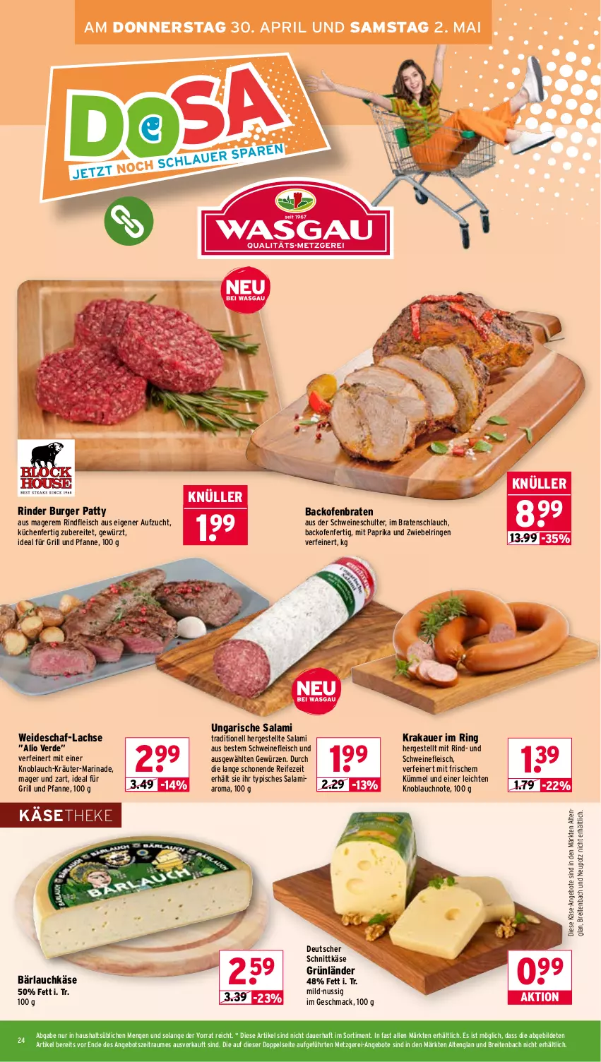 Aktueller Prospekt Wasgau - von 27.04 bis 02.05.2026 - strona 24 - produkty: angebot, angebote, auer, backofen, braten, Brei, burger, deutscher schnittkäse, eis, erde, fleisch, für grill und pfanne, gewürz, grill, grill und pfanne, grünländer, ideal für grill, ideal für grill und pfanne, Käse, käsetheke, knoblauch, krakauer, kräuter, küche, Küchen, lachs, mac, marinade, mit paprika, nuss, Ofen, paprika, pfanne, pril, rind, rinder, rindfleisch, ring, salami, schlauch, schnittkäse, schwein, schweine, schweinefleisch, Ti, und pfanne, Ungarische Salami, wein, weine, zwiebel