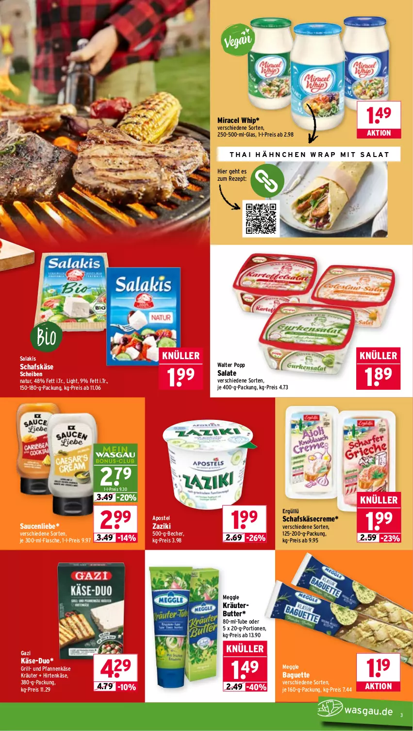 Aktueller Prospekt Wasgau - von 27.04 bis 02.05.2026 - strona 3 - produkty: baguette, Becher, butter, creme, eis, flasche, grill, hirtenkäse, Käse, kräuter, kräuterbutter, meggle, miracel, miracel whip, natur, pfanne, pfannen, pfannenkäse, Popp, reis, rezept, salakis, salat, salate, sauce, saucen, schafskäse, Ti, und pfanne, zaziki