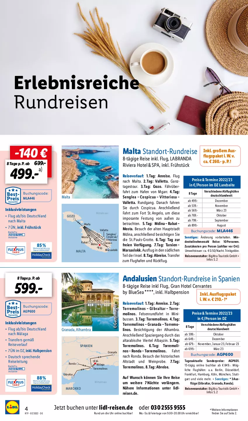 Aktueller Prospekt Lidl - Themenflyer Juli 2022 - von 13.07 bis 14.09.2022 - strona 4 - produkty: abis, Brei, buch, eier, eis, elle, grana, inklusivleistungen, labranda, mars, Rana, reis, reiseveranstalter, reiseverlauf, SANTE, Ti, uhr, valletta, wein