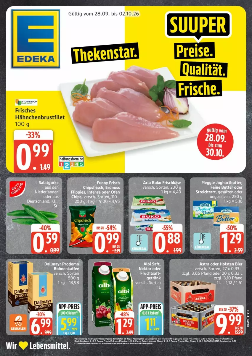 Aktueller Prospekt Edeka - Prospekte - von 28.09 bis 03.10.2026 - strona 1 - produkty: arla, arla buko, Astra, bier, bohne, bohnen, bohnenkaffee, brustfilet, Buko, butter, filet, frischkäse, hähnchenbrust, hähnchenbrustfilet, holsten, joghur, joghurt, kaffee, Käse, LG, meggle, Nektar, salz, Ti
