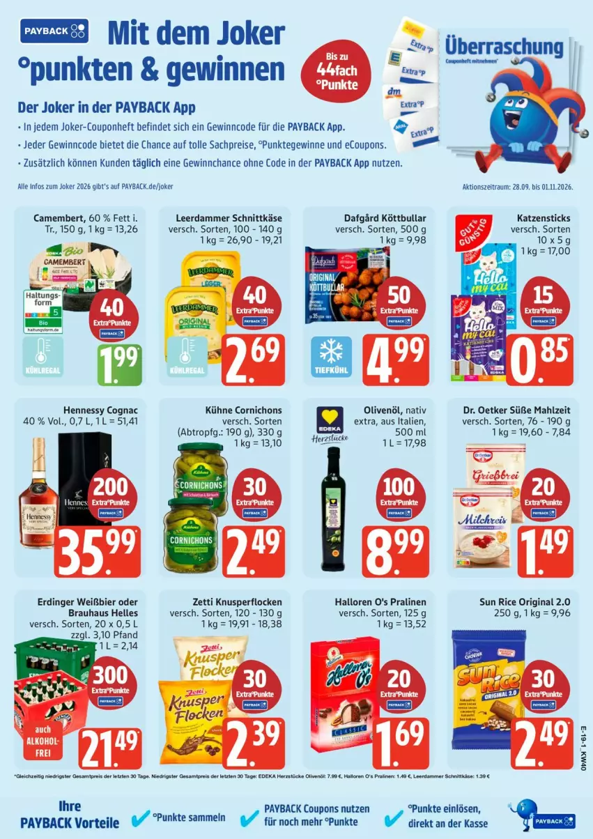 Aktueller Prospekt Edeka - Prospekte - von 28.09 bis 03.10.2026 - strona 24 - produkty: bier, camembert, Cognac, coupon, coupons, Dr. Oetker, eis, elle, erdinger, gin, HP, Käse, Knusperflocken, Köttbullar, Kühne, leerdammer, olive, oliven, olivenöl, payback, pralinen, reis, sac, schnittkäse, Ti