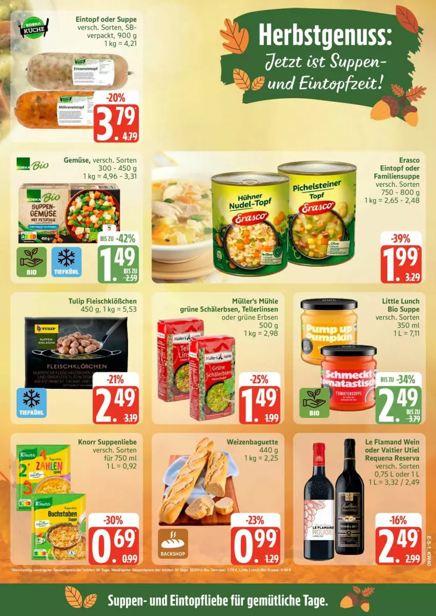 Aktueller Prospekt Edeka - Prospekte - von 28.09 bis 03.10.2026 - strona 5 - produkty: baguette, bio, eintopf, eis, elle, erasco, erbsen, fleisch, Grüne Erbsen, knorr, linsen, möhren, Müller, suppe, suppen, suppenliebe, teller, Ti, topf, tulip, wein