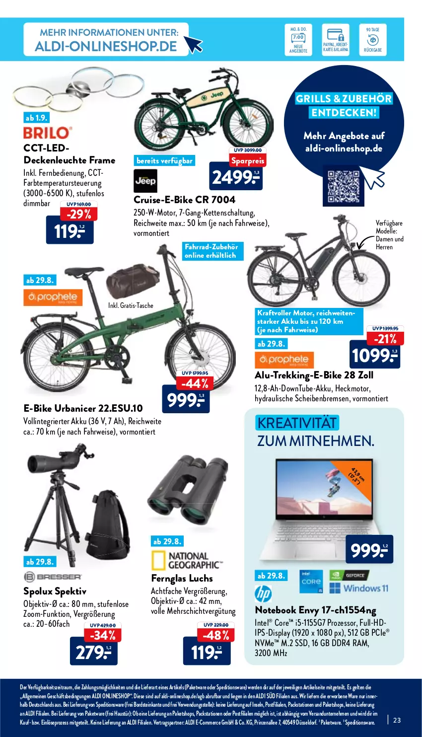 Aktueller Prospekt Aldi Nord - Aldi-Aktuell - von 29.08 bis 03.09.2022 - strona 23 - produkty: akku, aldi, angebot, angebote, aust, decke, deckenleuchte, dell, dip, E-Bike, eis, elle, erde, Fahrrad, fernbedienung, Fernglas, grill, Intel, ips-display, Kette, kraft, Leuchte, LG, Liege, Mode, notebook, reis, rwe, Schal, ssd, Tasche, Ti