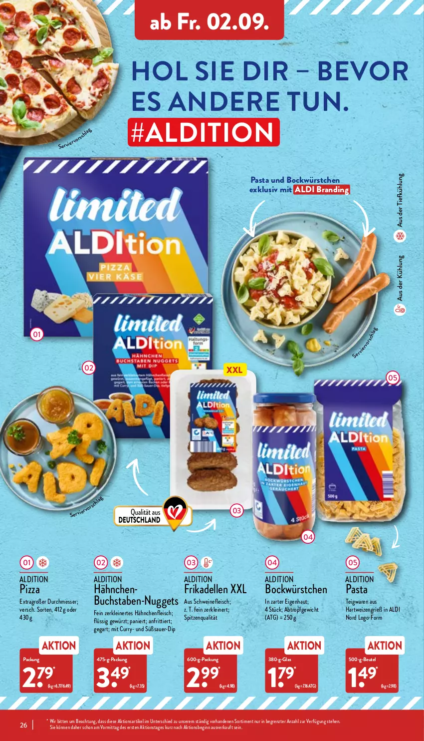 Aktueller Prospekt Aldi Nord - Aldi-Aktuell - von 29.08 bis 03.09.2022 - strona 26 - produkty: aldi, auer, aus der tiefkühlung, beutel, buch, curry, dell, dip, eis, elle, fleisch, frikadellen, gewürz, gin, Hähnchenfleisch, hartweizen, leine, messer, nuggets, pasta, pizza, schwein, schweine, schweinefleisch, spitzenqualität, teigwaren, Ti, wein, weine, würstchen, ZTE